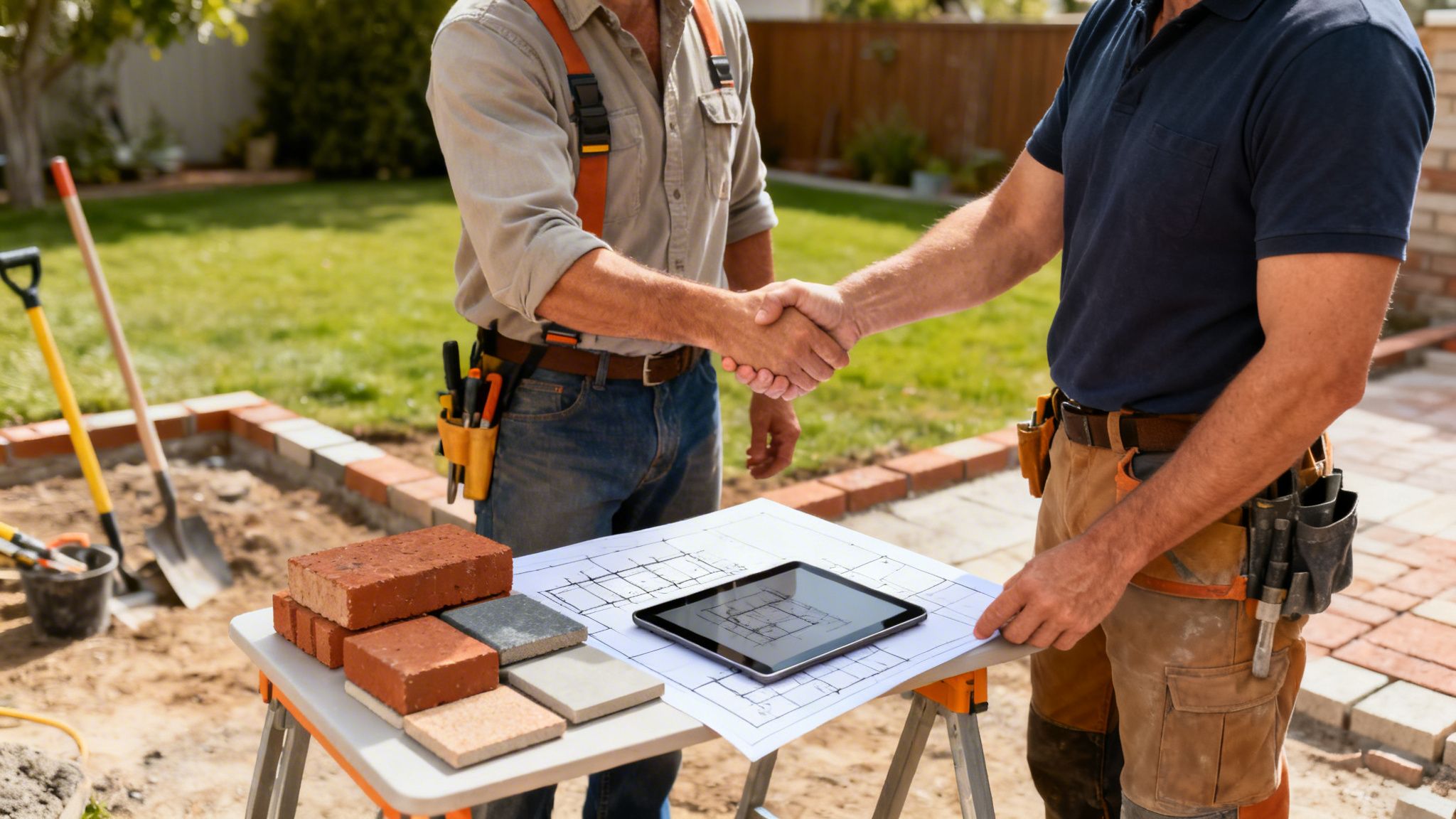 To bygningsarbejdere giver hånd over plantegninger og byggematerialer i en have under et byggeprojekt.