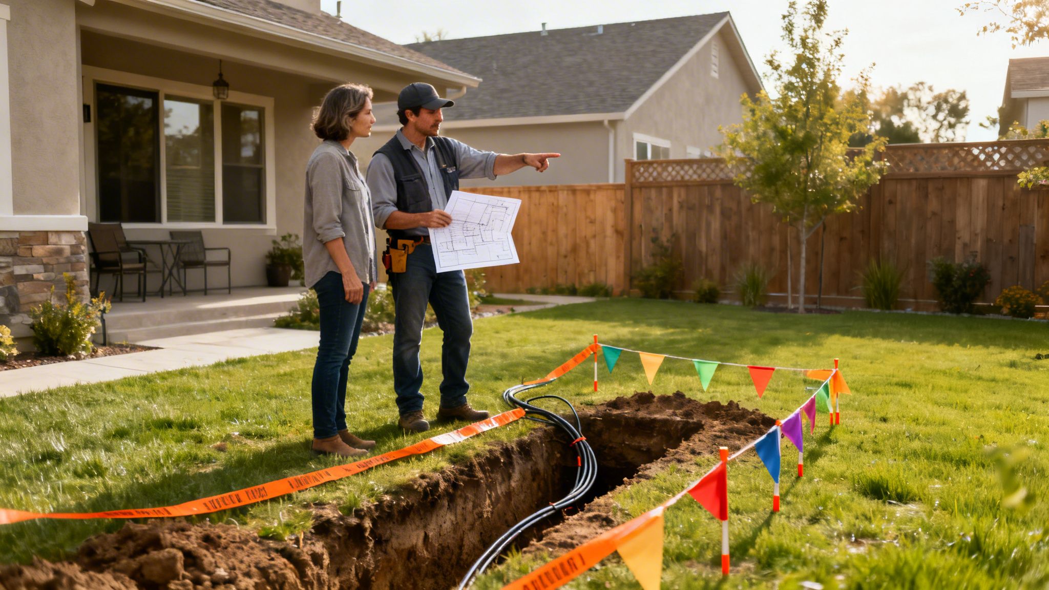 En tekniker viser en kvinde tegninger ved en udgravning i haven med nedgravede kabler og sikkerhedsbånd.