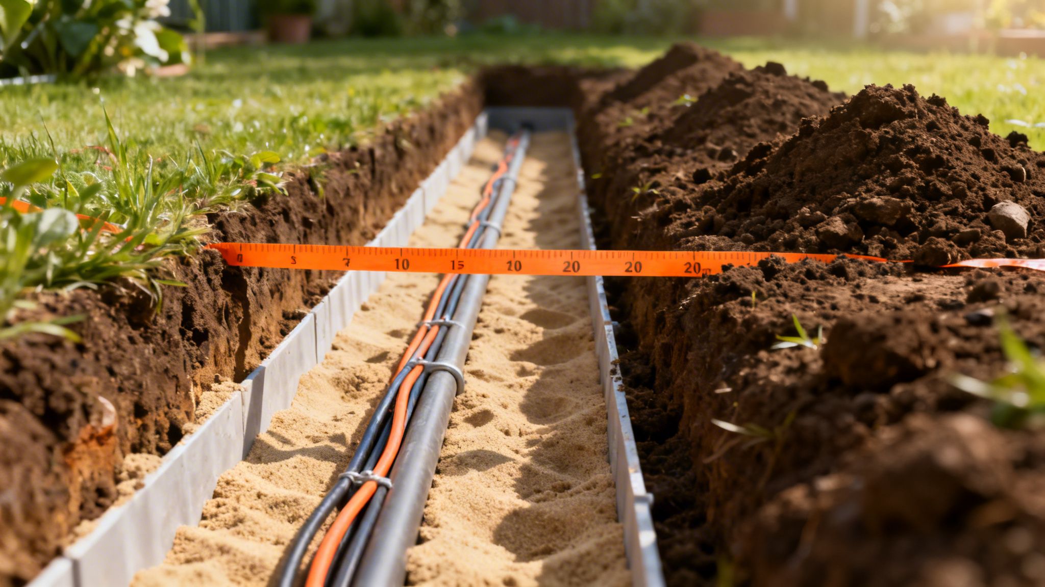 Gravet rende i en grøn have, med kabler i sand og et orange målebånd.