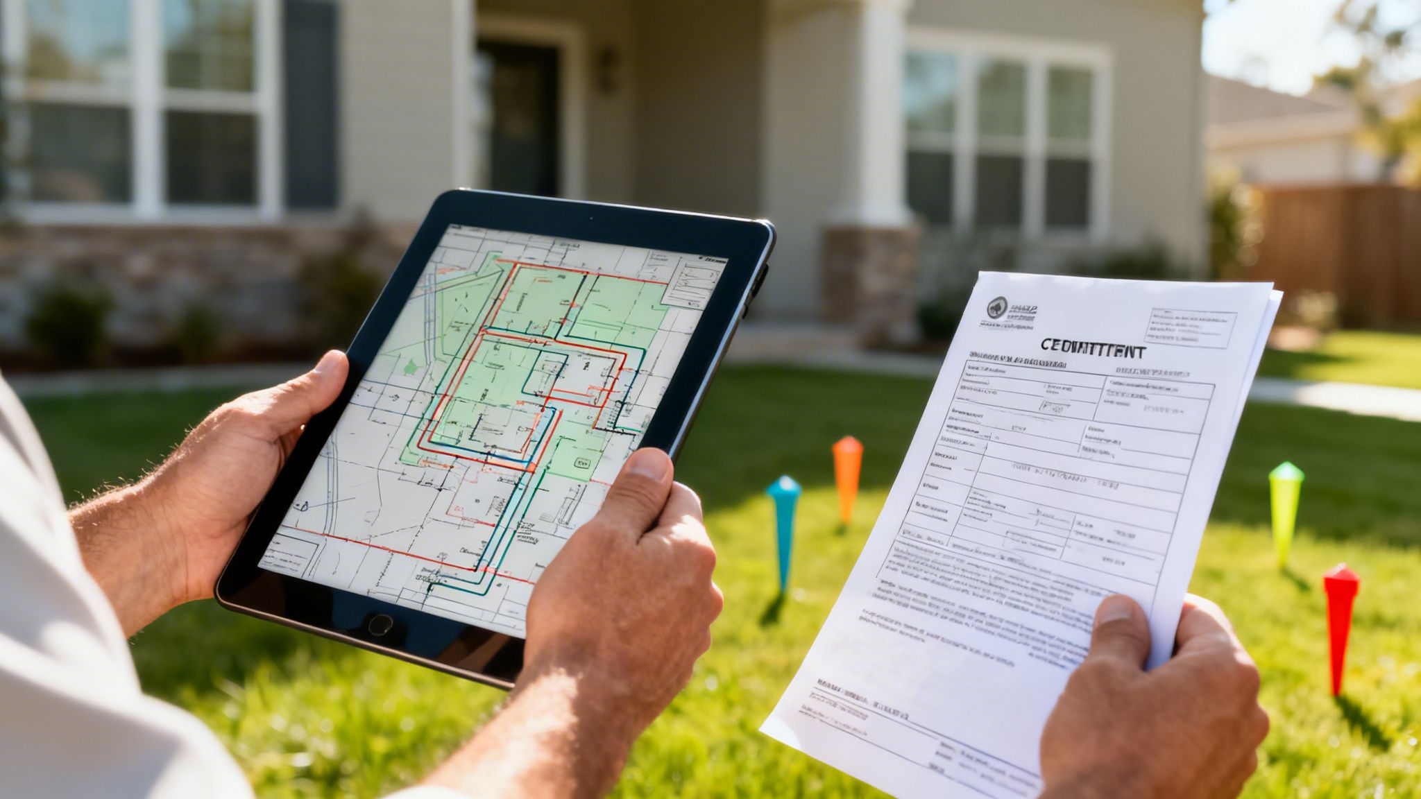 Person planlægger nedgravning af kabler med tablet og dokument foran et hus, med markører i græsset.