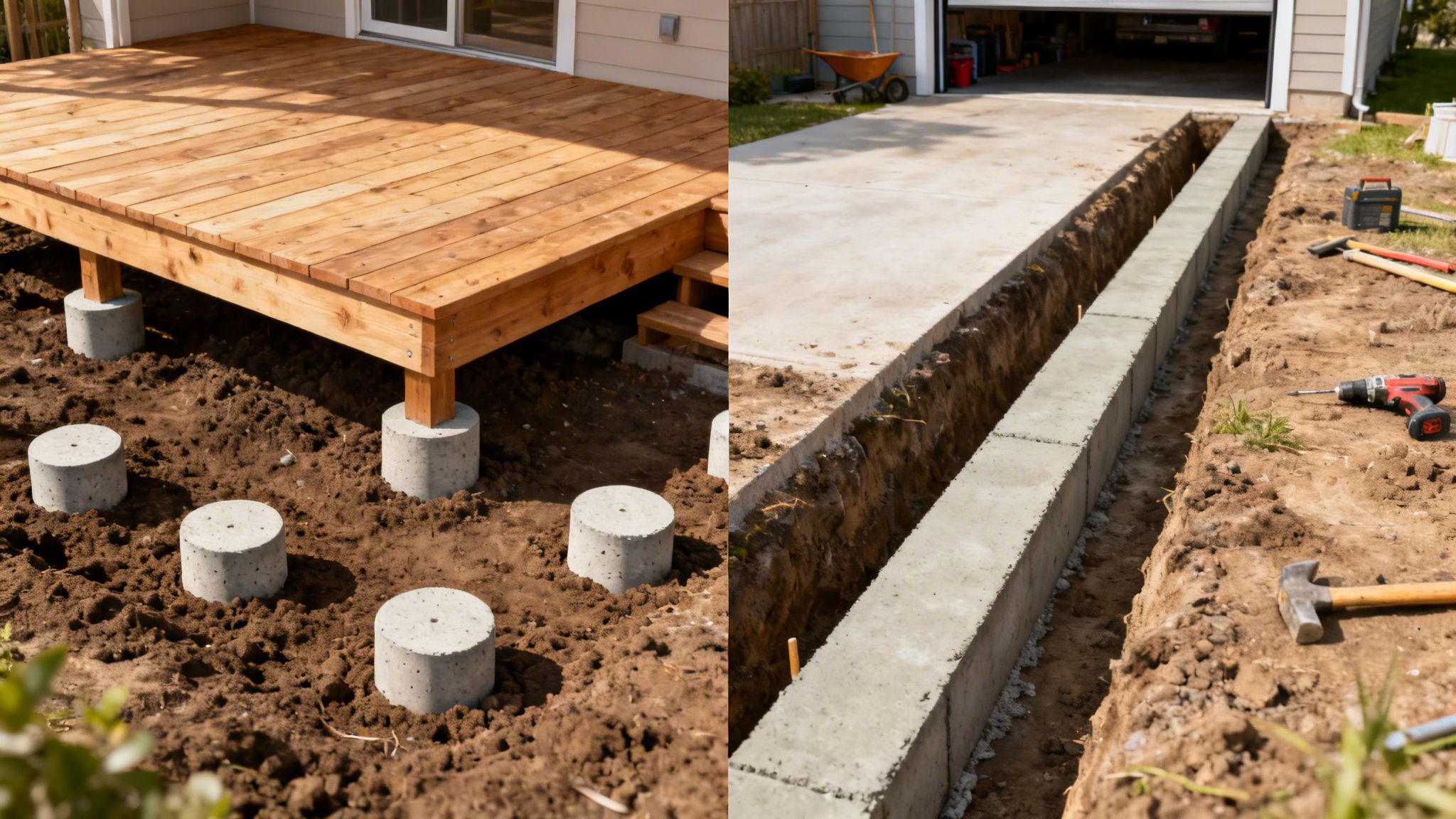 To billeder der viser fundamentarbejde: et træterrassefundament med betonpiller og en betonmur langs en indkørsel.
