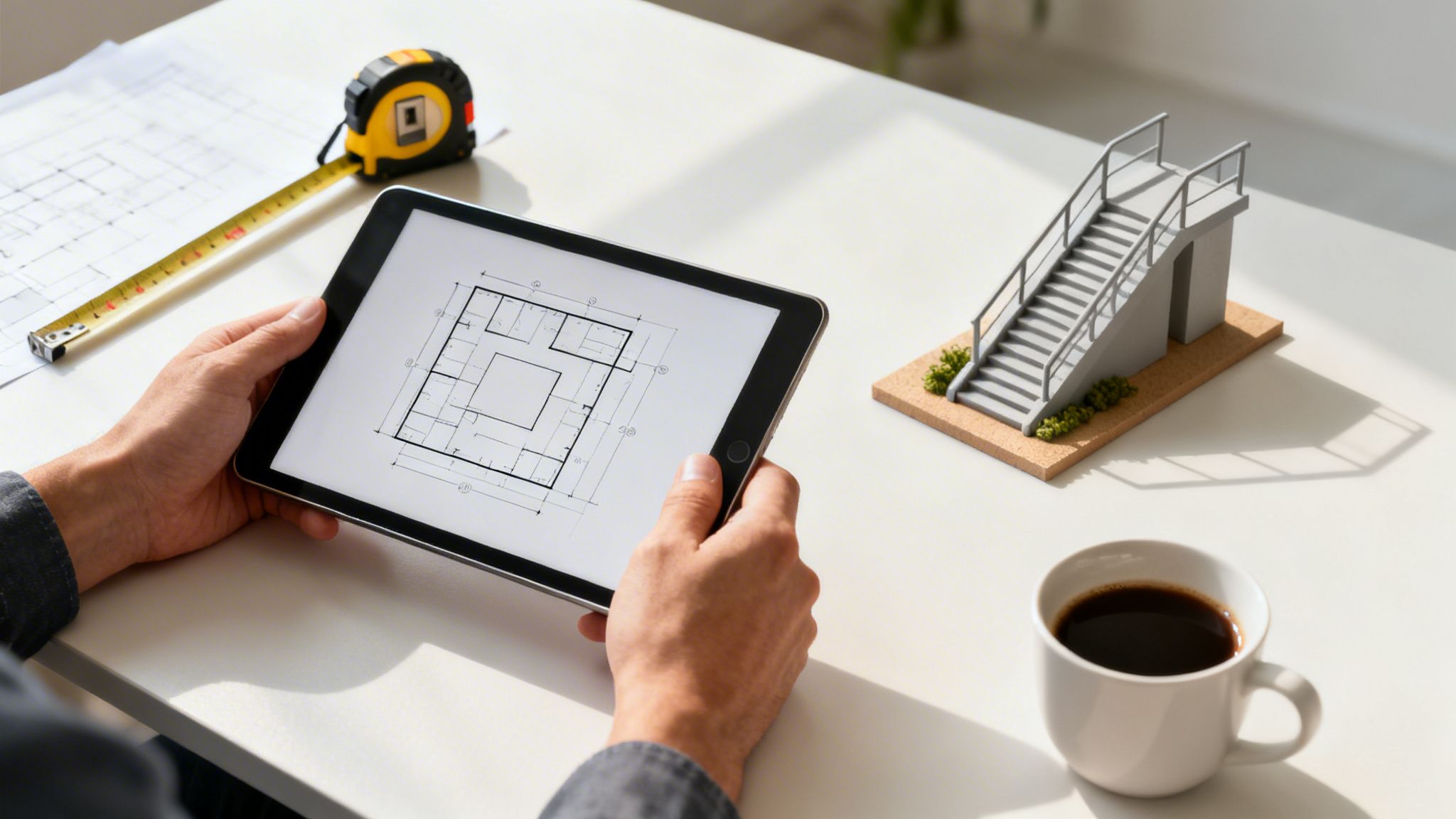 En person holder en tablet, der viser en bygningstegning. På bordet ligger et målebånd, papirtegninger, en trappemodel og en kop kaffe.