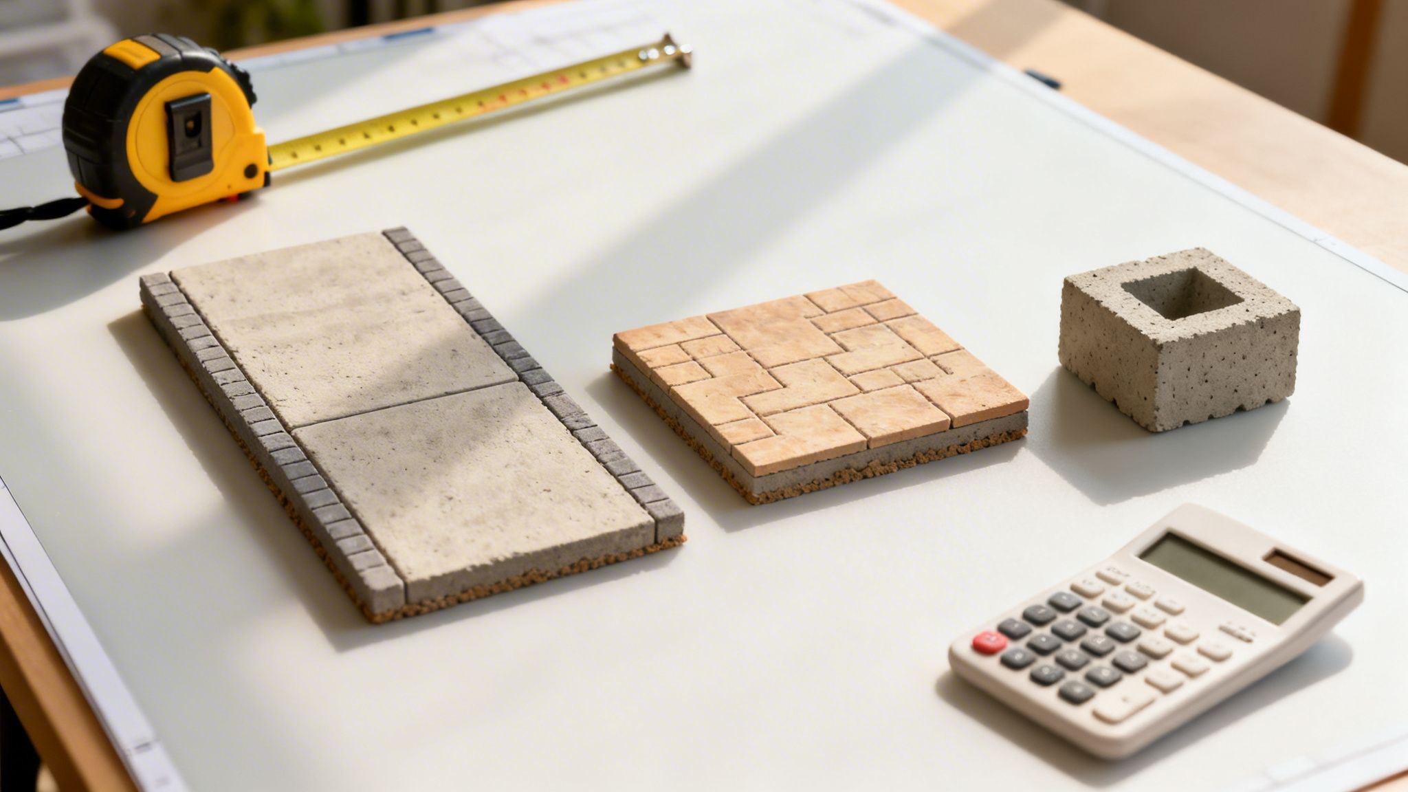Betonmodeller af sti, fliseterrasse og byggesten med målebånd og lommeregner på tegnebord.
