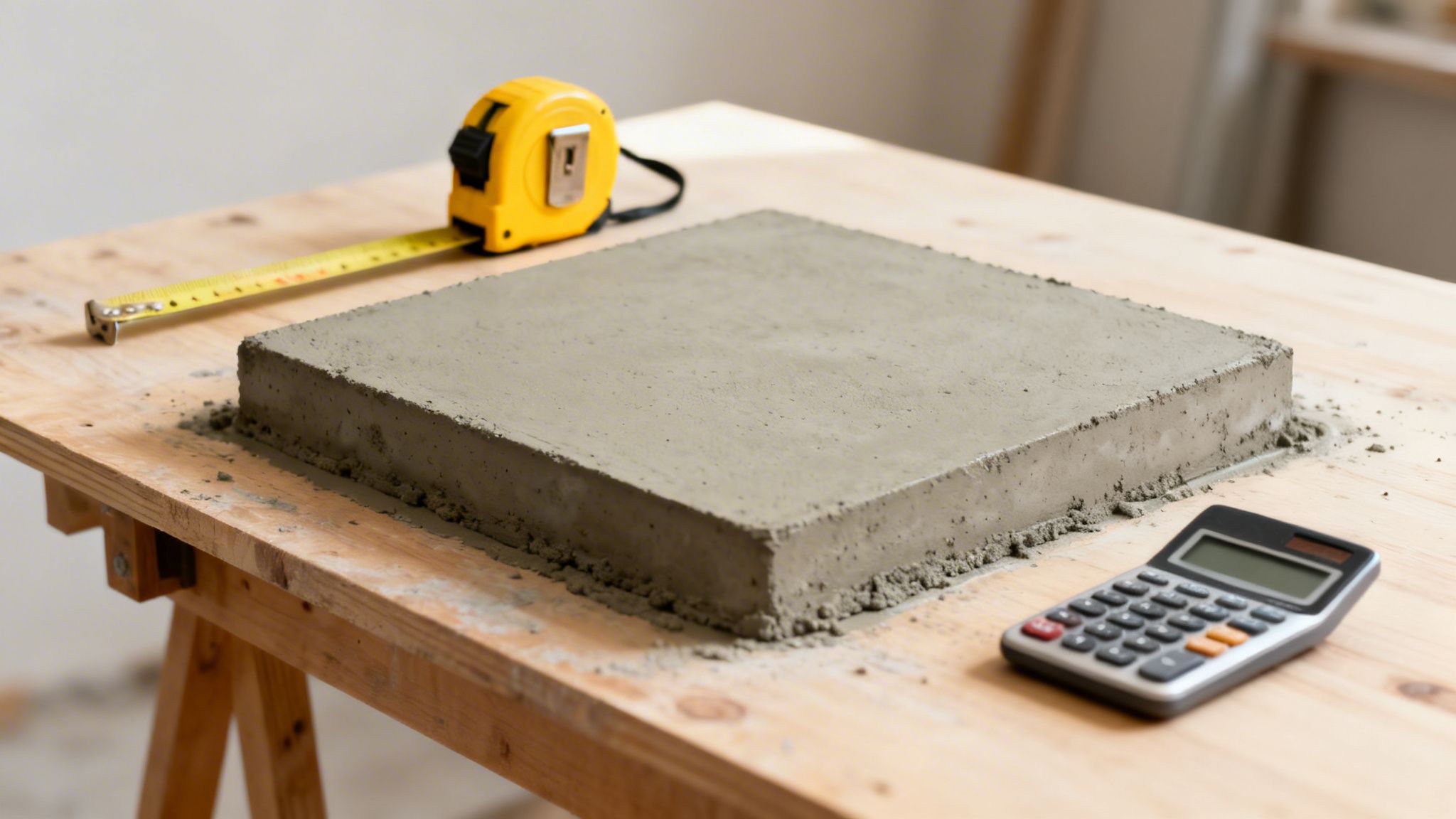 En våd betonplade på et træbord med et målebånd og en lommeregner.