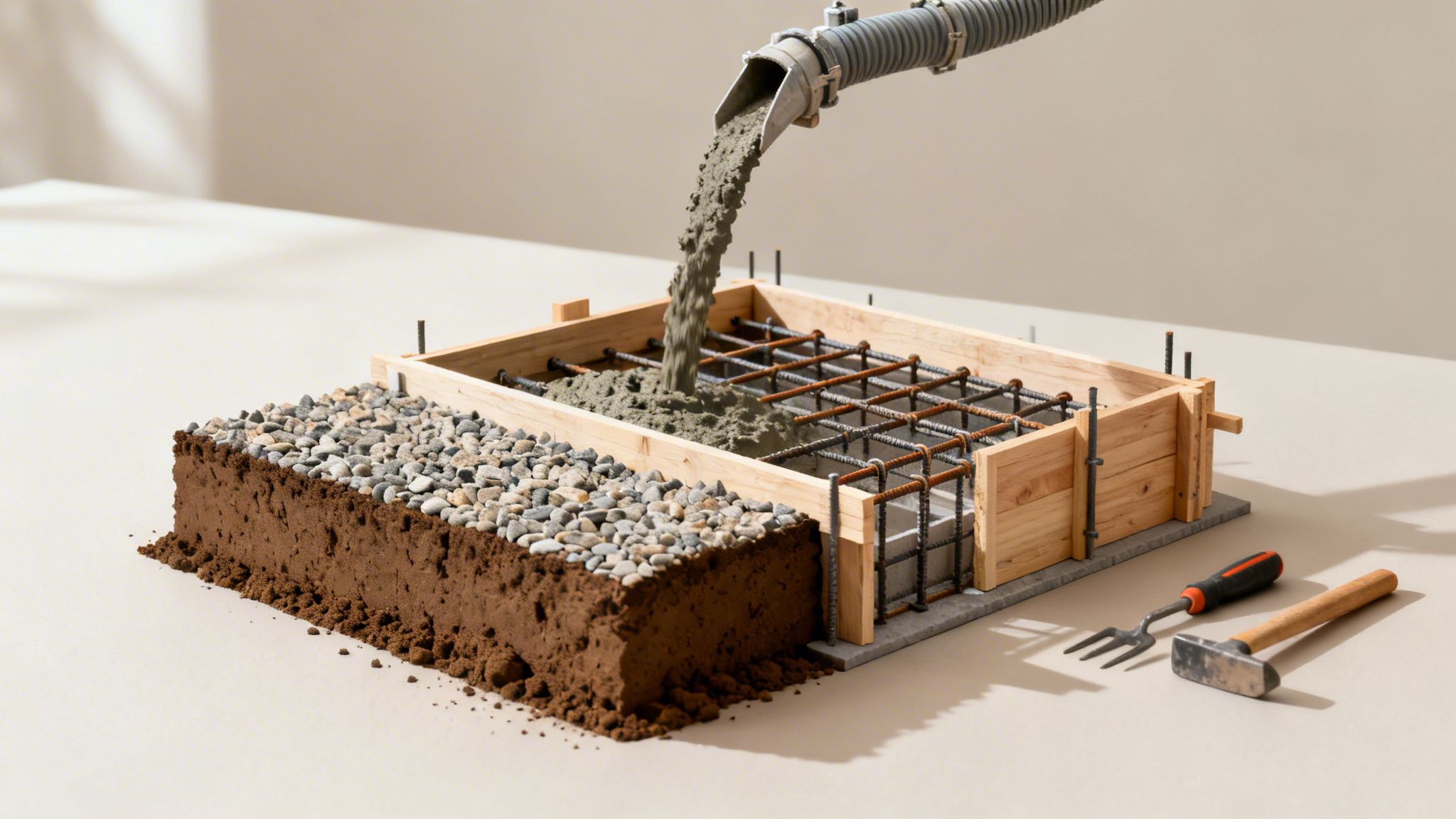 Detaljeret model af betonfundament under opbygning, med flydende beton, armeringsjern, jord og grus.