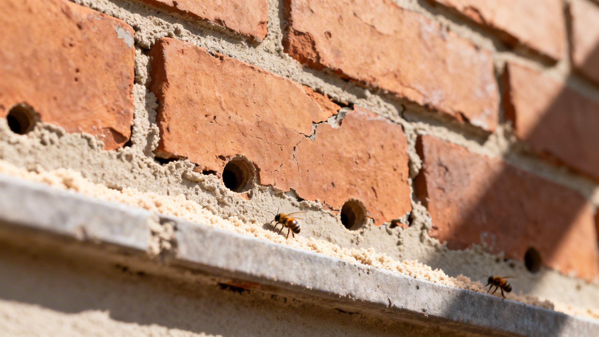 Murbier ved indgange i en rød murstensvæg med sand på kanten, i sollys.