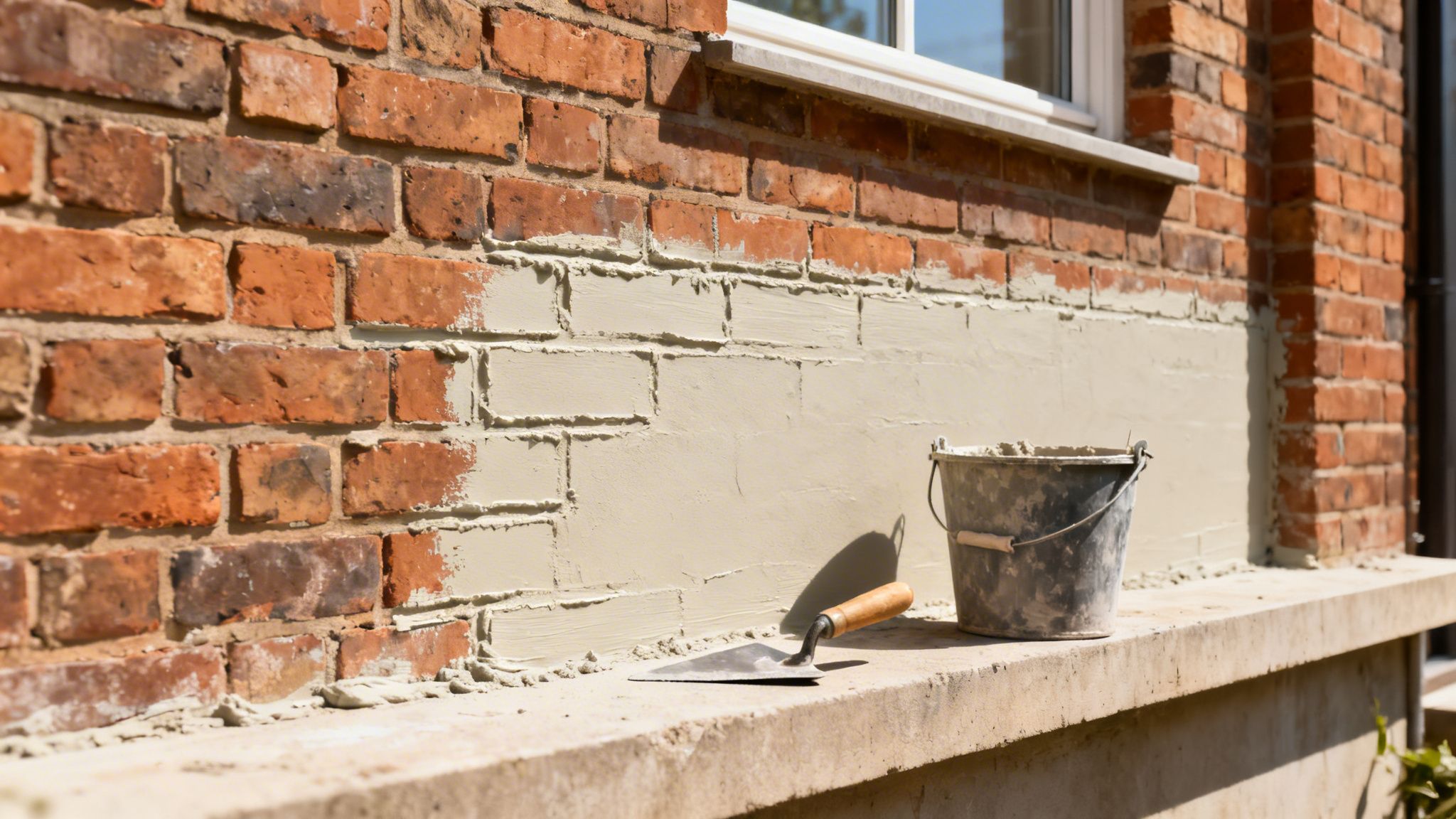 Murværk med delvist påført mørtel, en murerske og spand på en kant, under reparation.