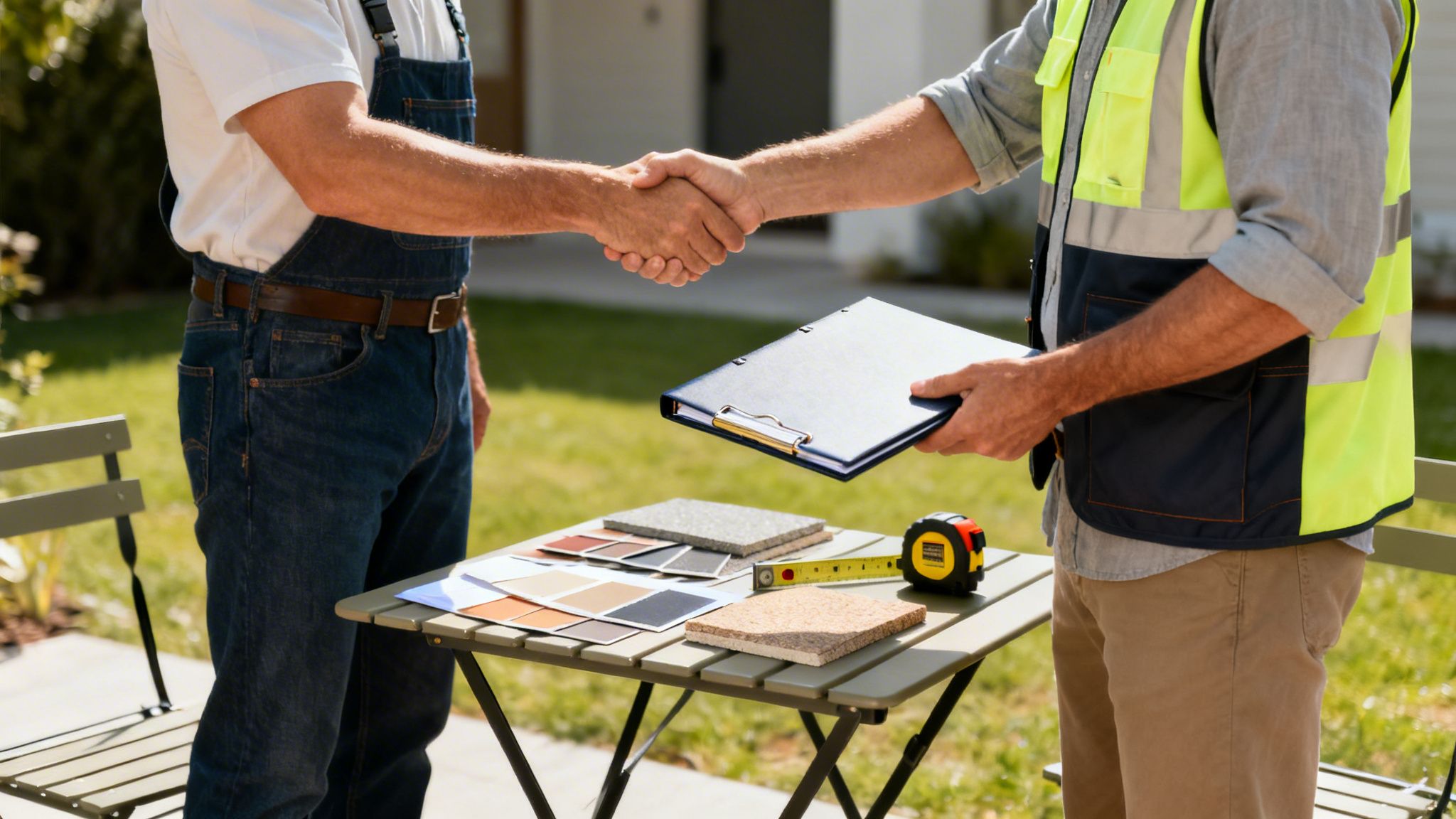 To mænd i arbejdstøj giver hånd over et bord med byggeprøver, hvilket indikerer en aftale.
