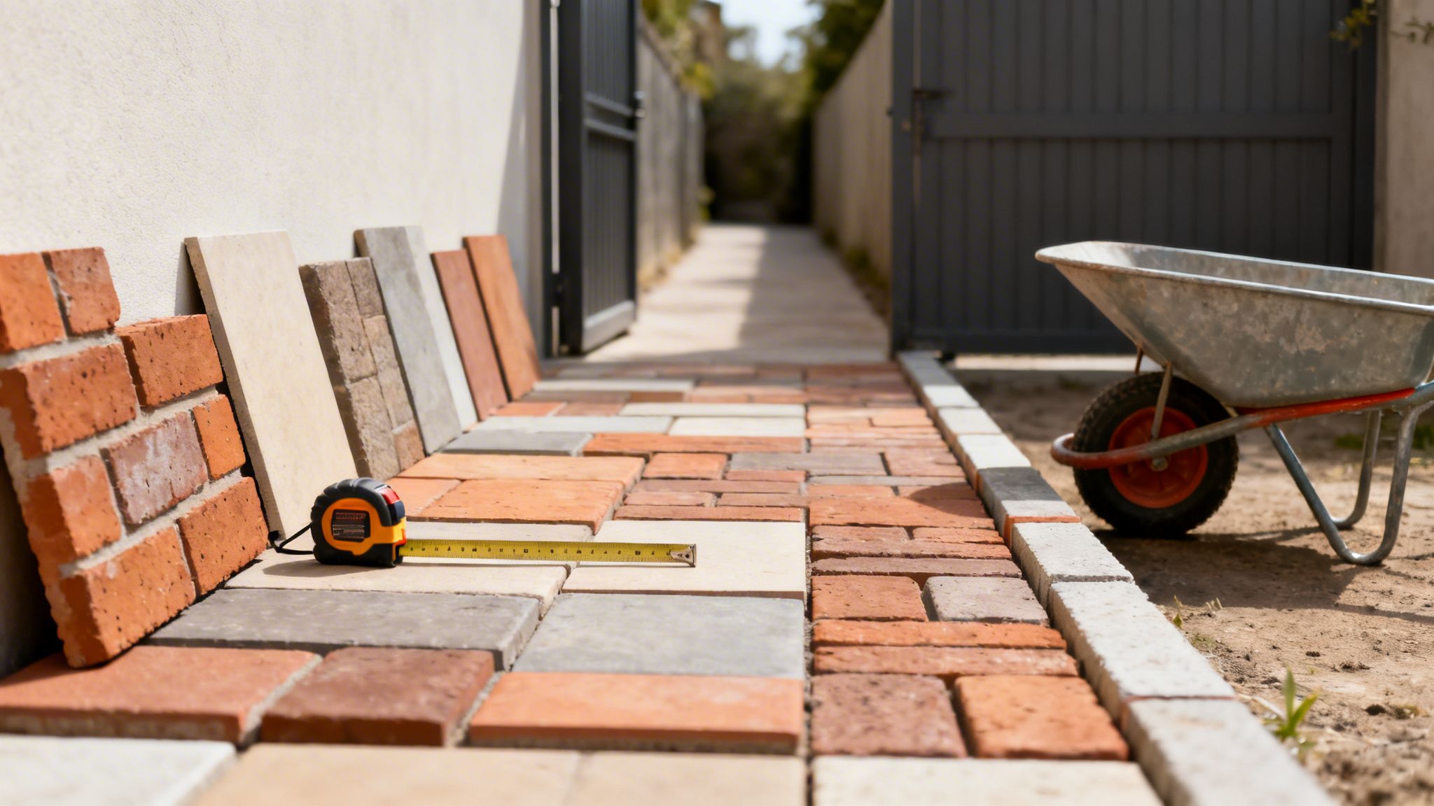 Forskellige fliser og mursten, et målebånd og en trillebør til belægning af en sti.