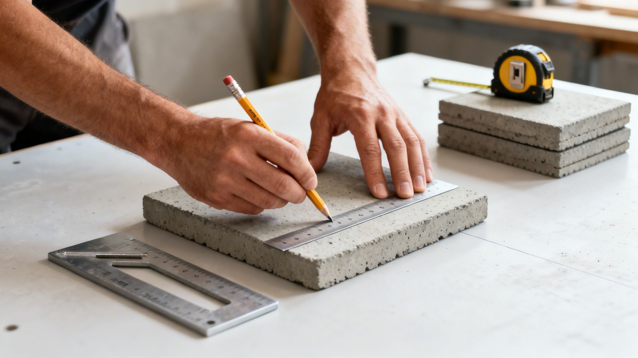 Nærbillede af hænder, der tegner en linje på en betonflise med lineal og blyant på et arbejdsbord.
