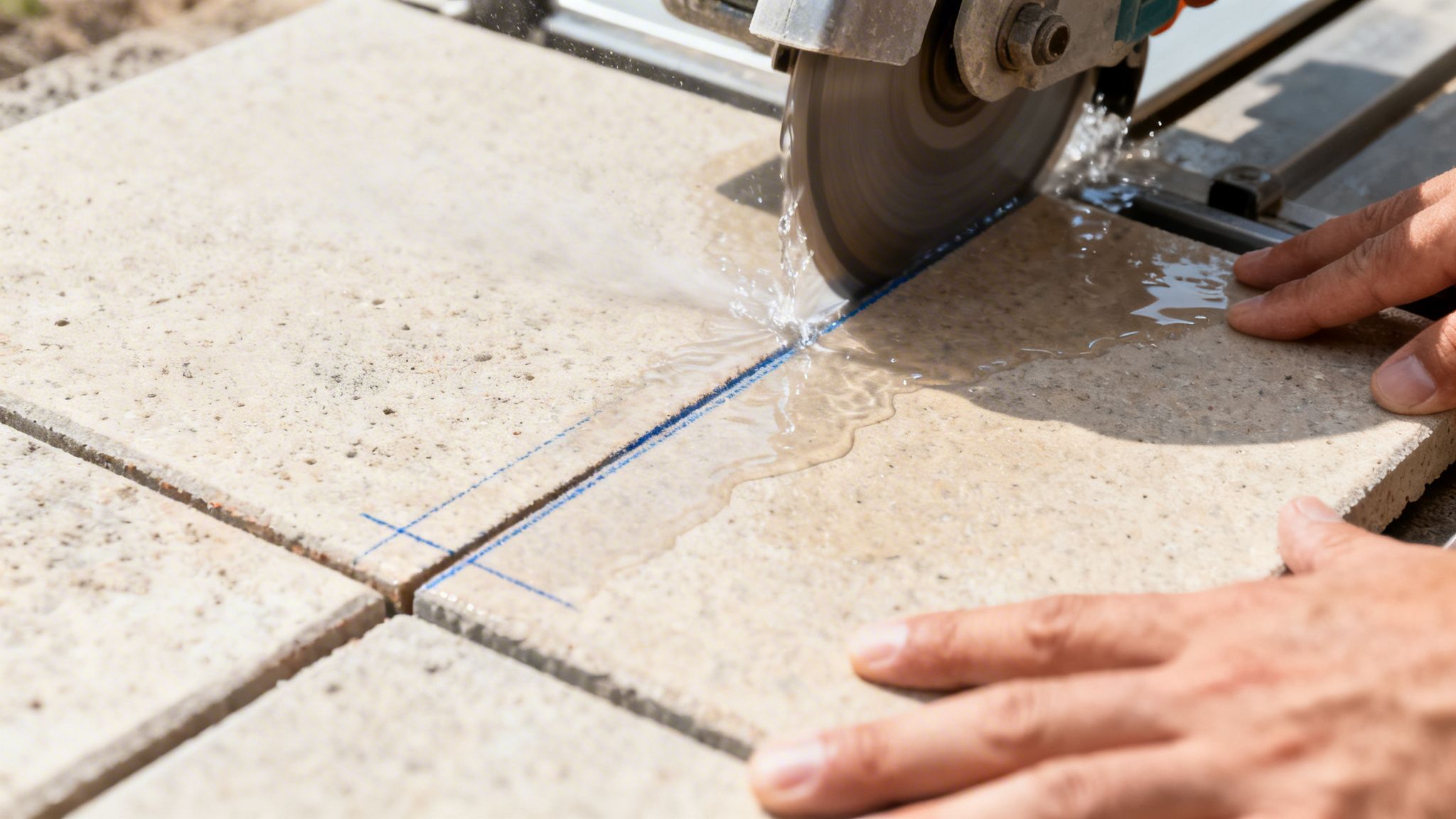 Nærbillede af en person, der præcist skærer en beige flise med en vådskærer og en blå streg.