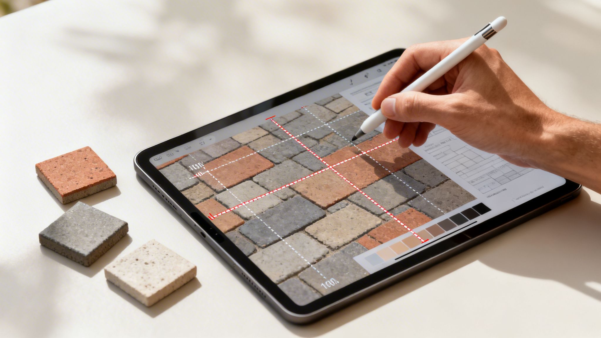 En hånd tegner på en tablet med et belægningsdesign. Fysiske fliseprøver ligger ved siden af.