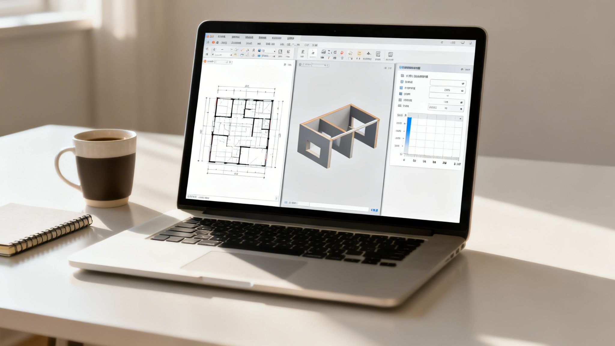 Bærbar computer med plantegningssoftware, der viser en 2D-plan og 3D-model, på et lyst skrivebord med en kaffekop.