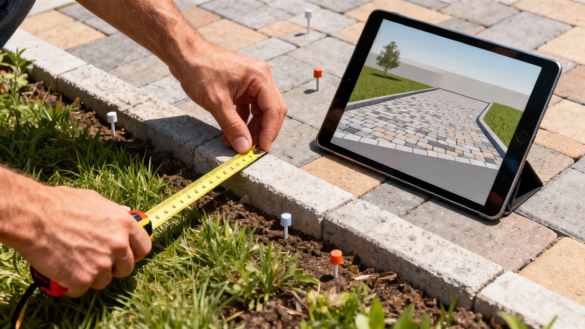 En person måler en kantsten i haven med et målebånd, mens en tablet viser en digital plantegning af et flisebelagt område.