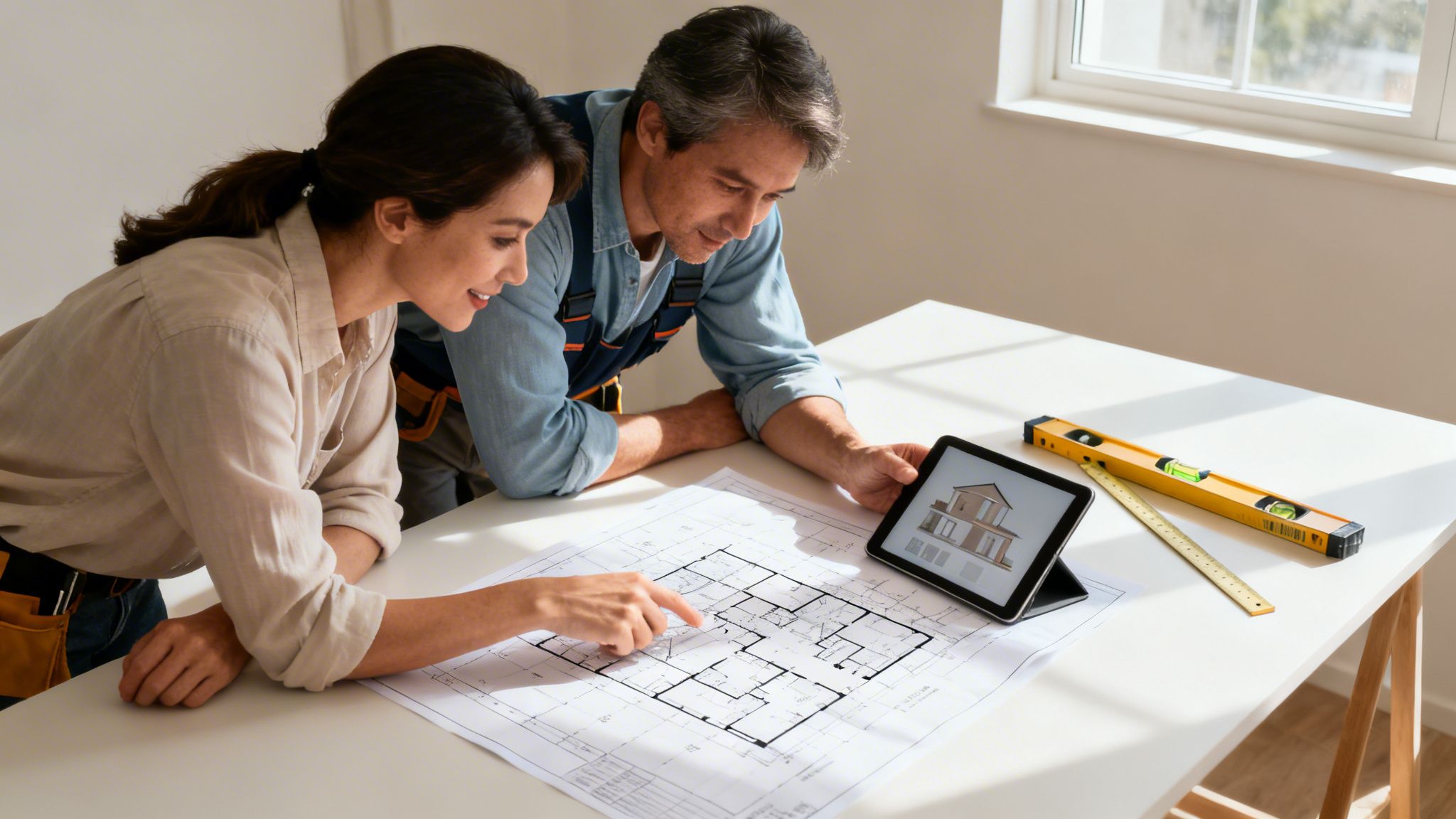 To personer diskuterer byggeplaner og et 3D-husdesign på en tablet, sandsynligvis en arkitekt og bygherre.