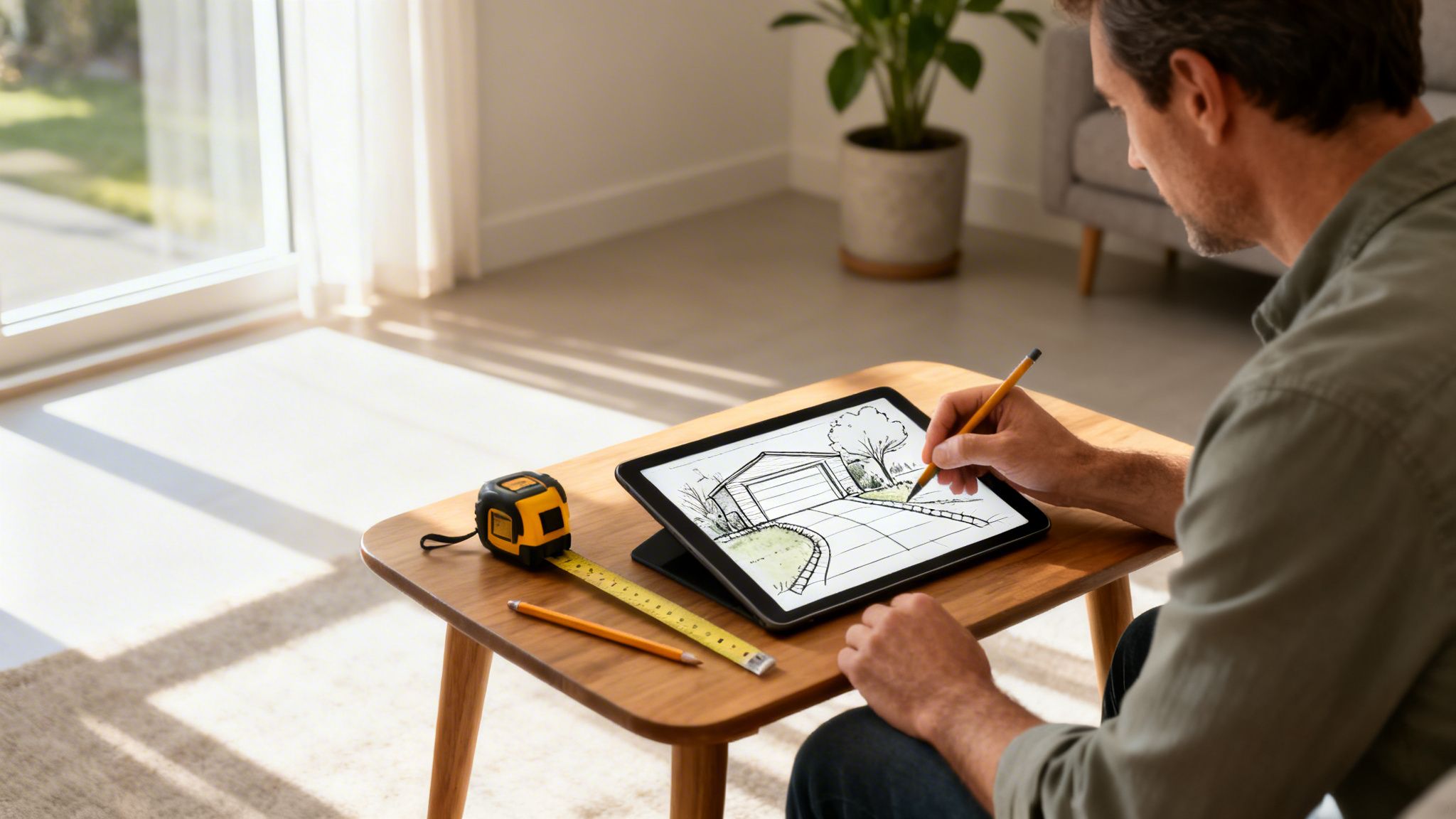 Mand tegner en hus- og haveplan på en tablet ved et træbord, med et målebånd og en blyant liggende ved siden af.
