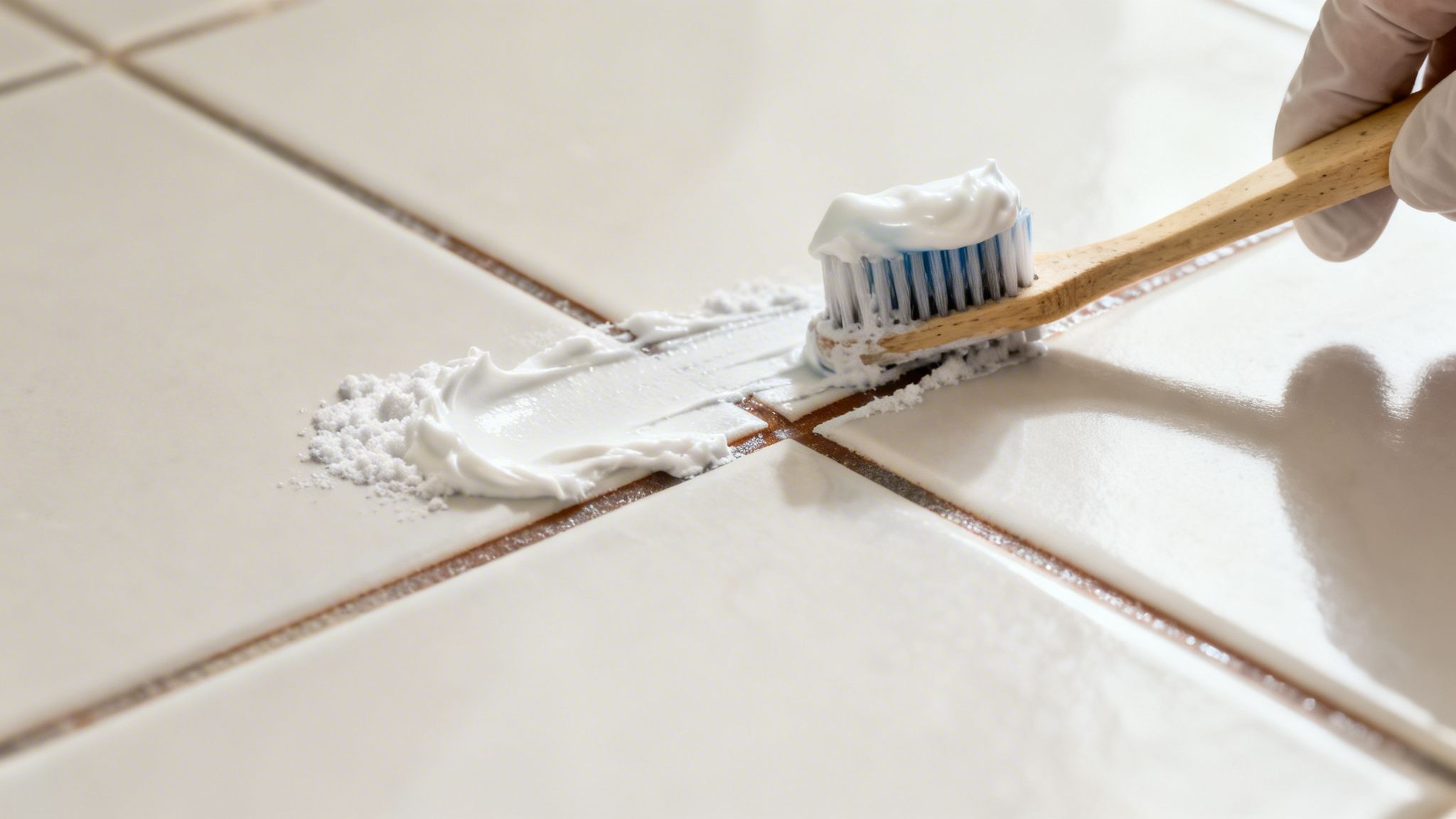 En handskeklædt hånd bruger en tandbørste, tandpasta og bagepulver til at rense beskidte fuger mellem hvide fliser.