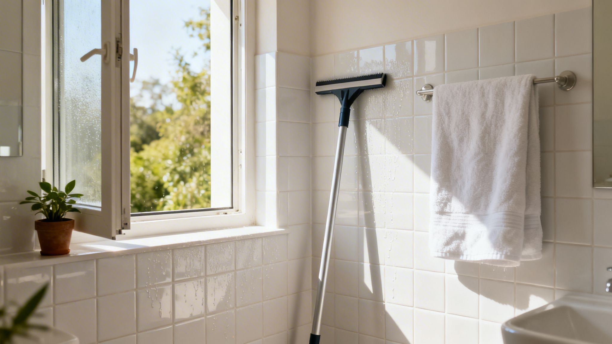 Squeegee læner mod våde, hvide fliser i et lyst badeværelse med åbent vindue og håndklæde.