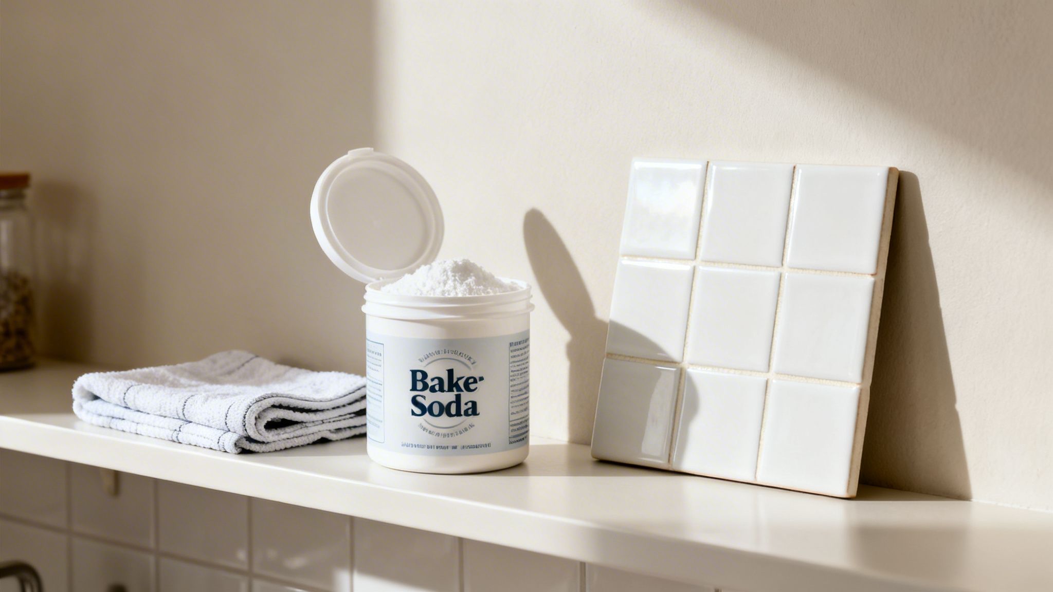 Hvid beholder med bagepulver, et håndklæde og hvide fliser på en hylde, der viser rengøringsartikler.