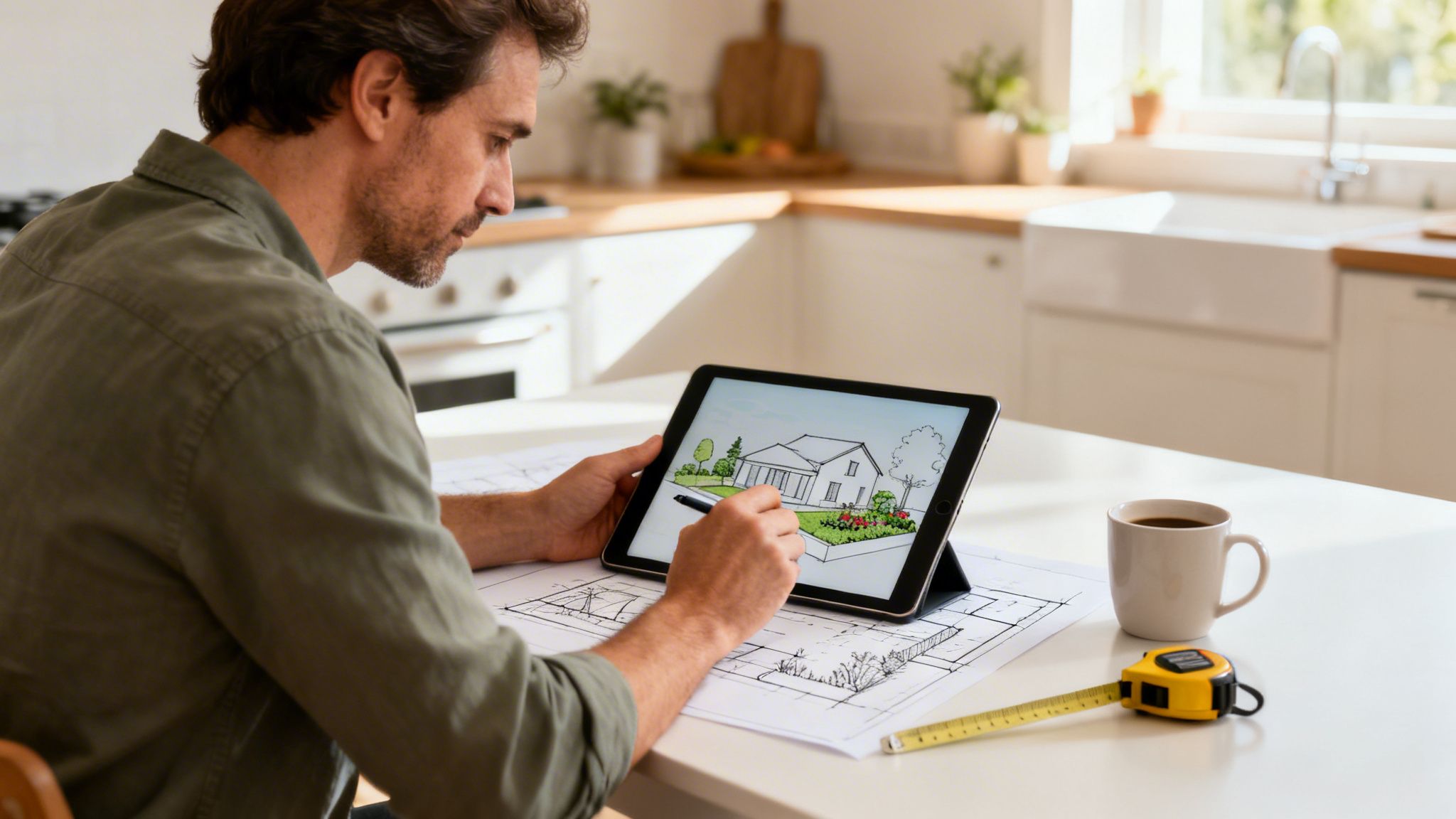 Mand tegner et hus og have på en tablet i et lyst, moderne køkken med plantegninger på bordet.