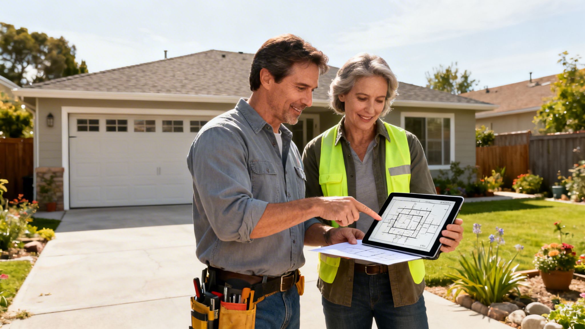To arkitekter eller entreprenører diskuterer byggeplaner på en tablet foran et hus.