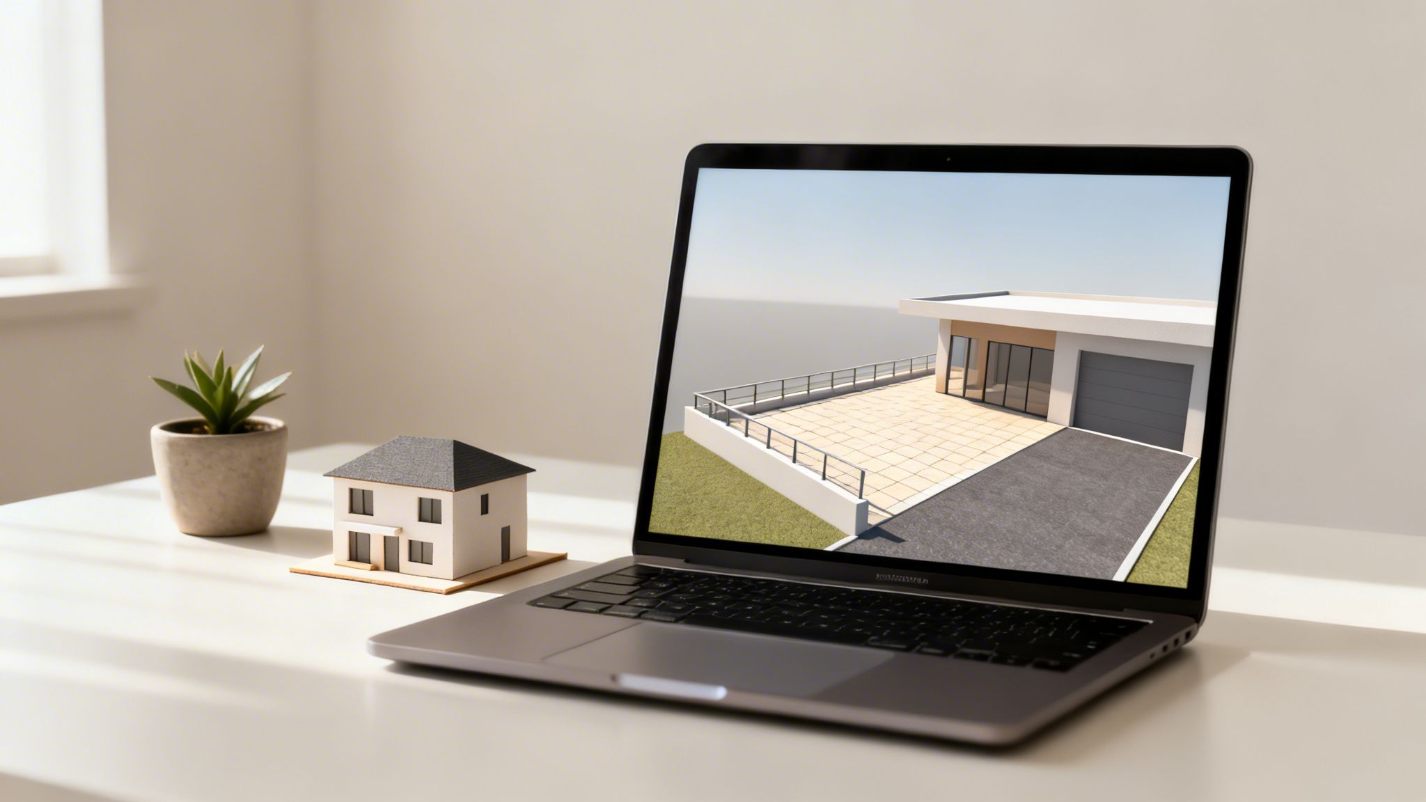 En bærbar computer viser et 3D-husdesign ved siden af en model af et hus og en plante på et skrivebord.