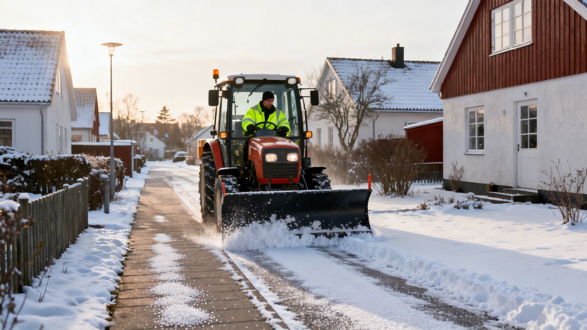 En mand i en traktor pløjer sne fra en boligvej med huse i baggrunden under vintervejr.