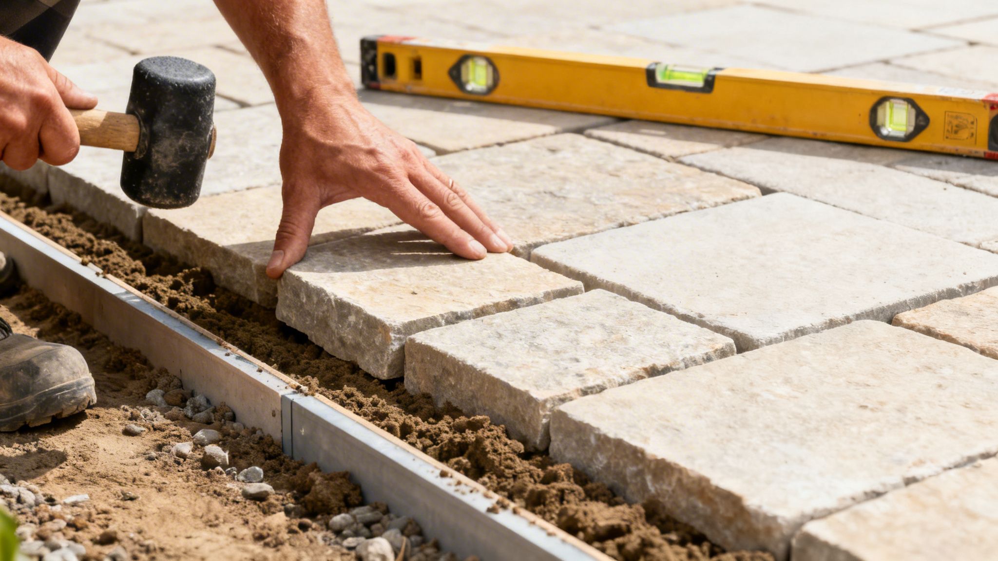 Hænder lægger belægningssten, en hammer holdes, og et vaterpas er i baggrunden.