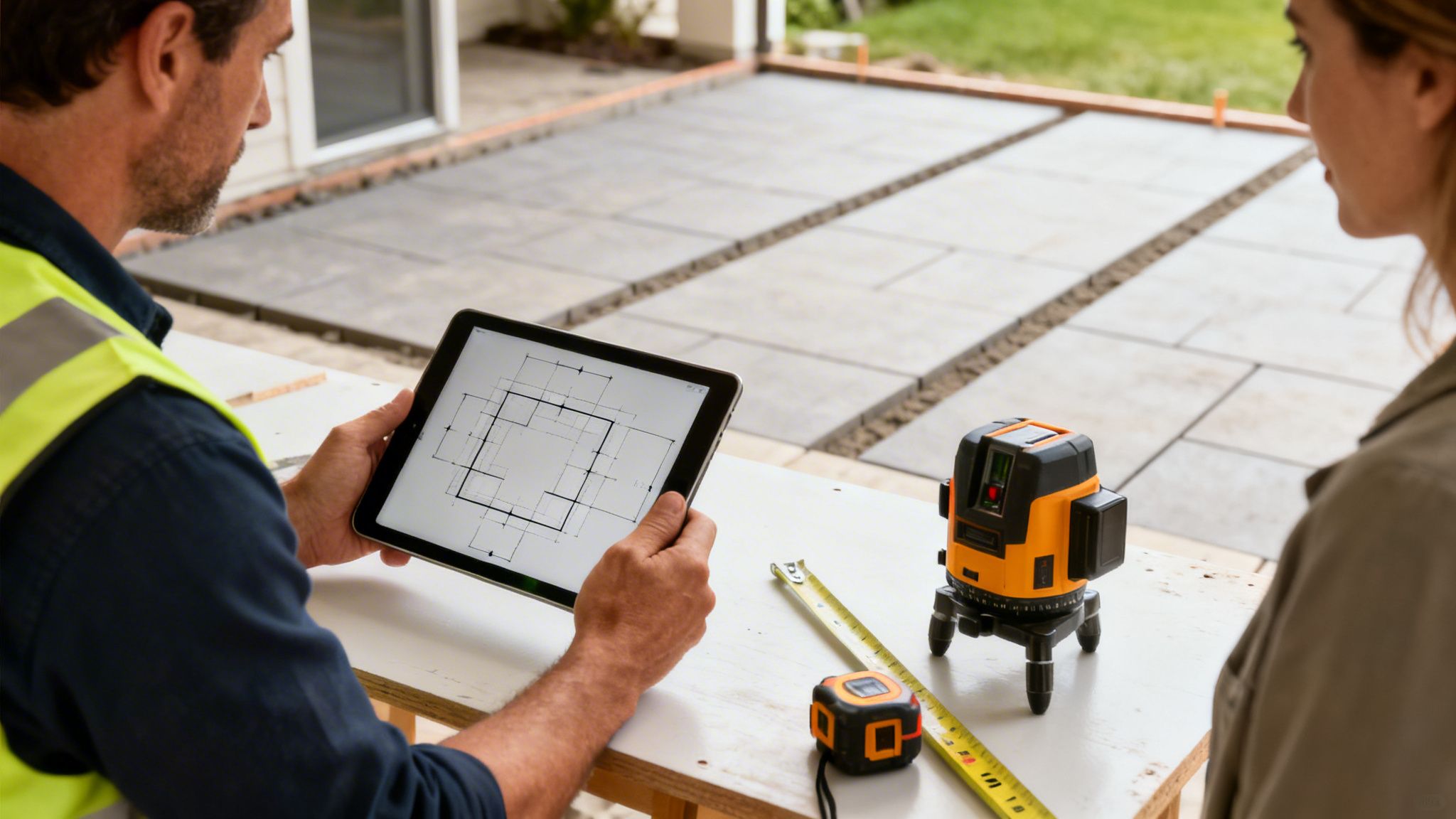 Mand og kvinde planlægger anlægsprojekt med tablet og laser på en terrasse.