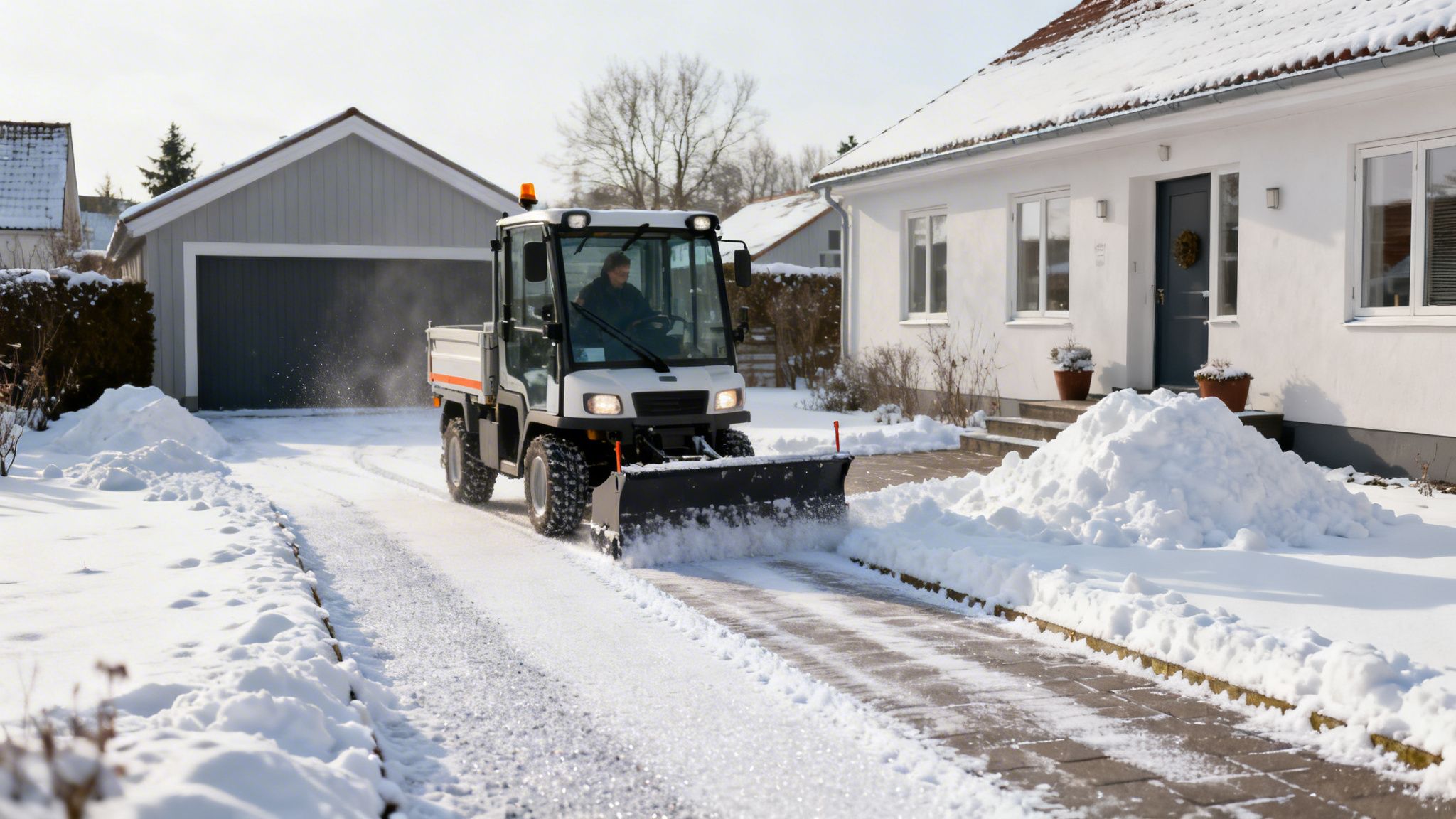 En snerydder fjerner sne fra en indkørsel foran et parcelhus på en solrig vinterdag.