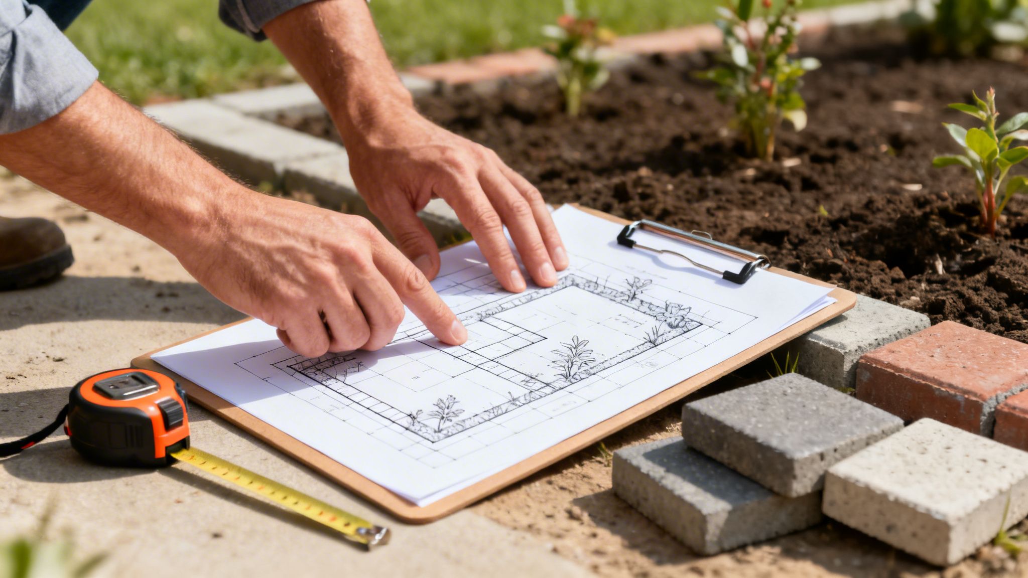 Hænder peger på en haveplan på en udklipsblok, med målebånd og planter i baggrunden, der viser landskabsarbejde.