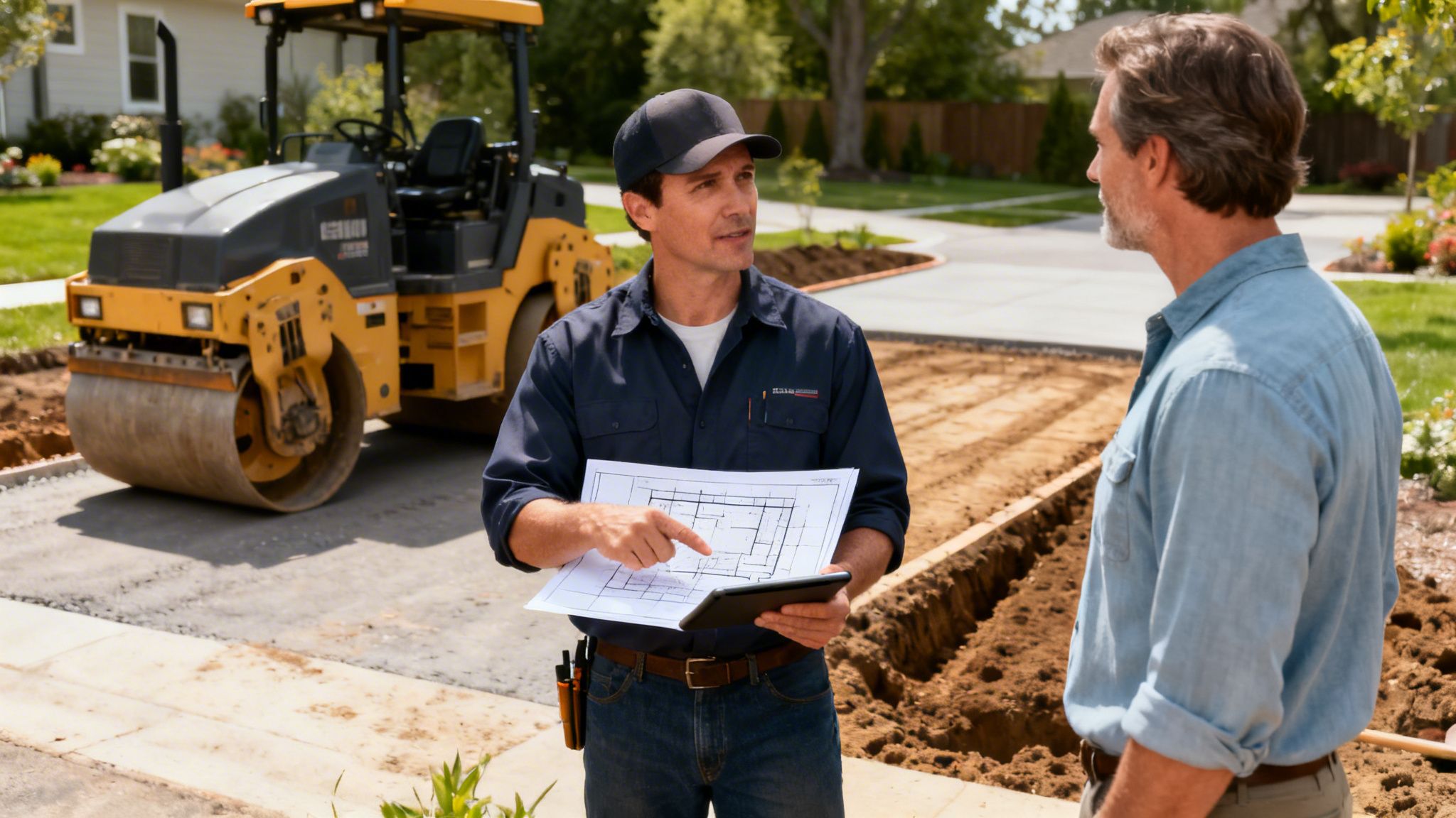En anlægsgartner viser byggeplaner til en kunde på en byggeplads med en vejtromle i baggrunden.