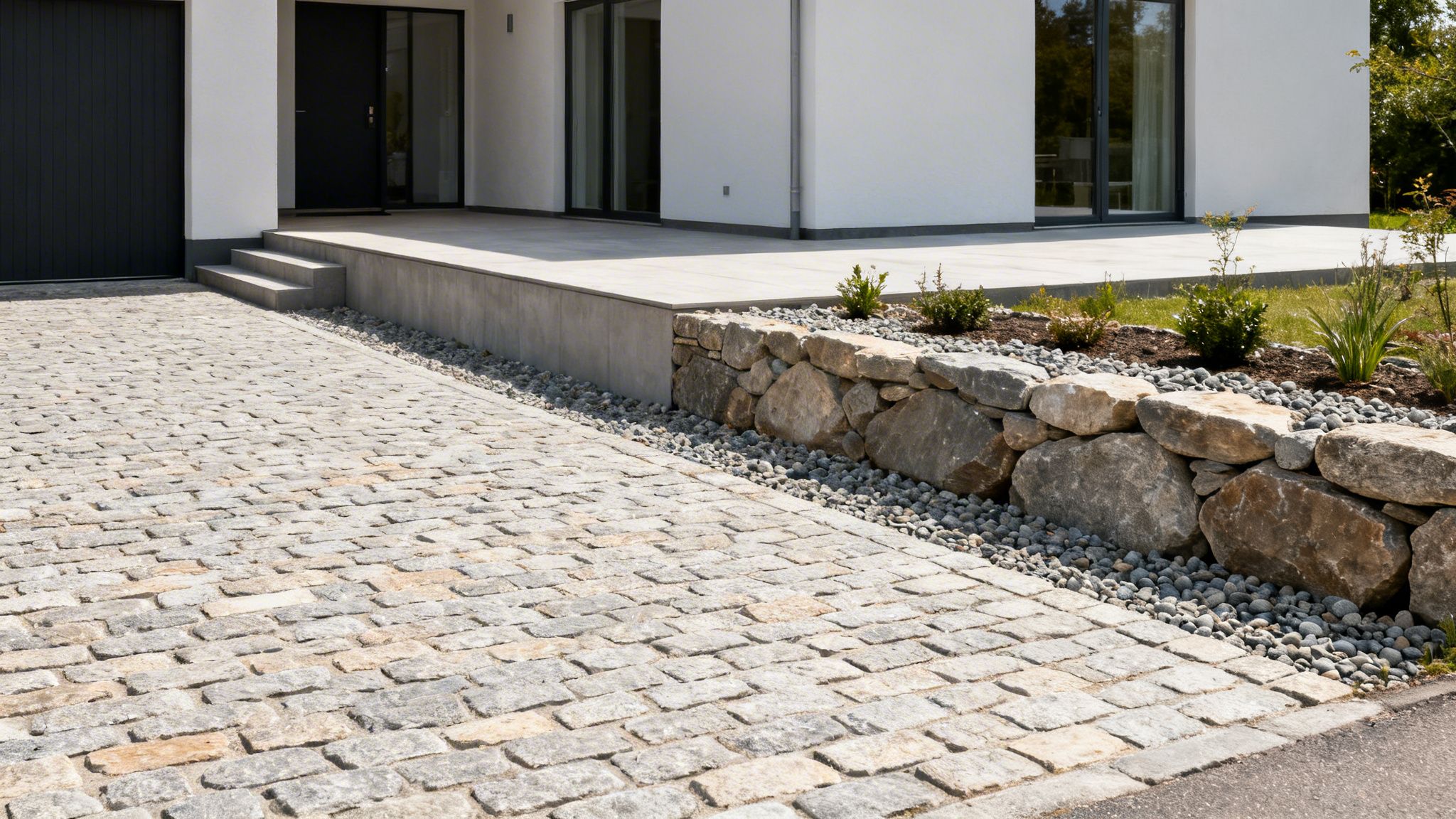 Indkørsel i brosten til et moderne hus med en hævet terrasse og en dekorativ stenmur.