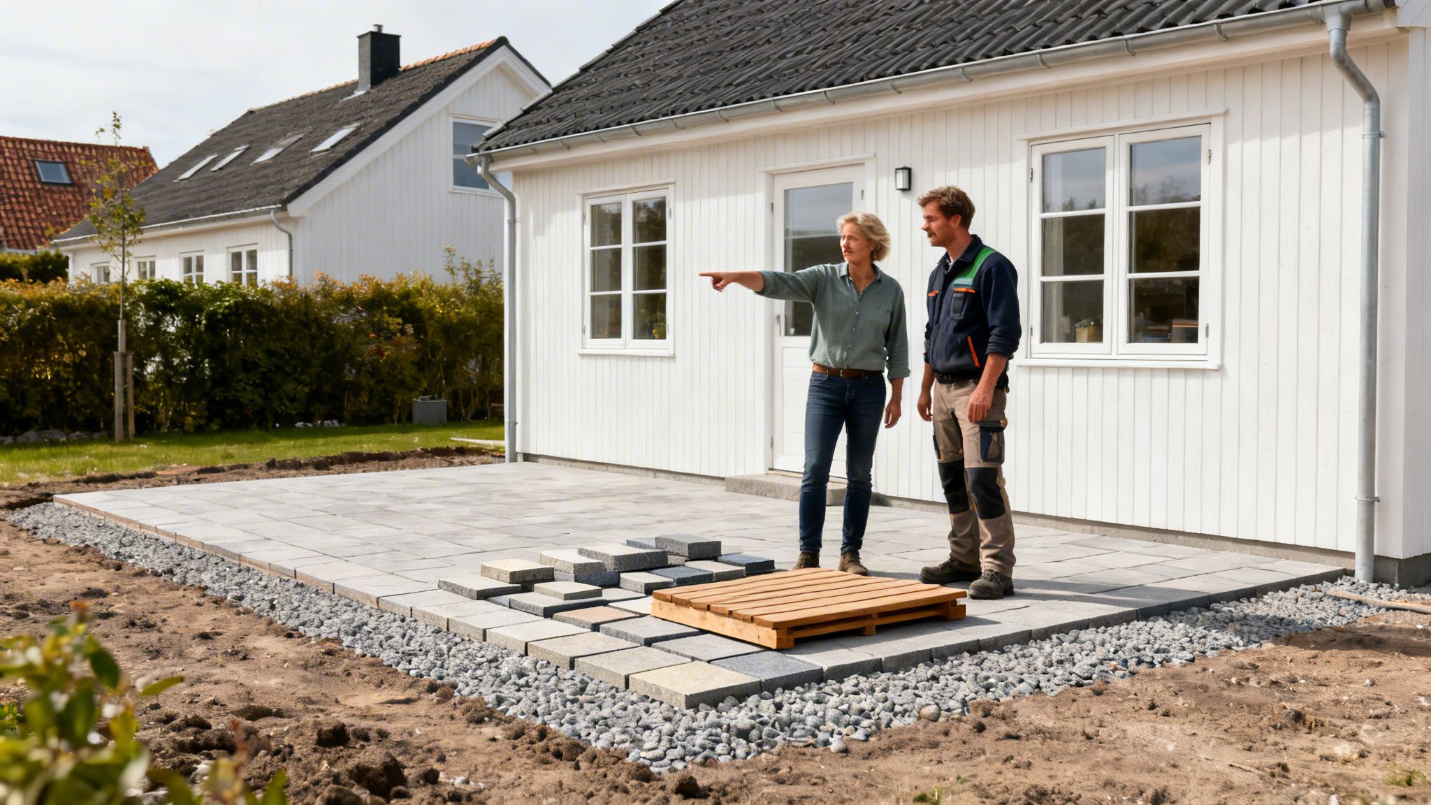 En kvinde og en anlægsgartner planlægger terrassebyggeri foran et hvidt hus.