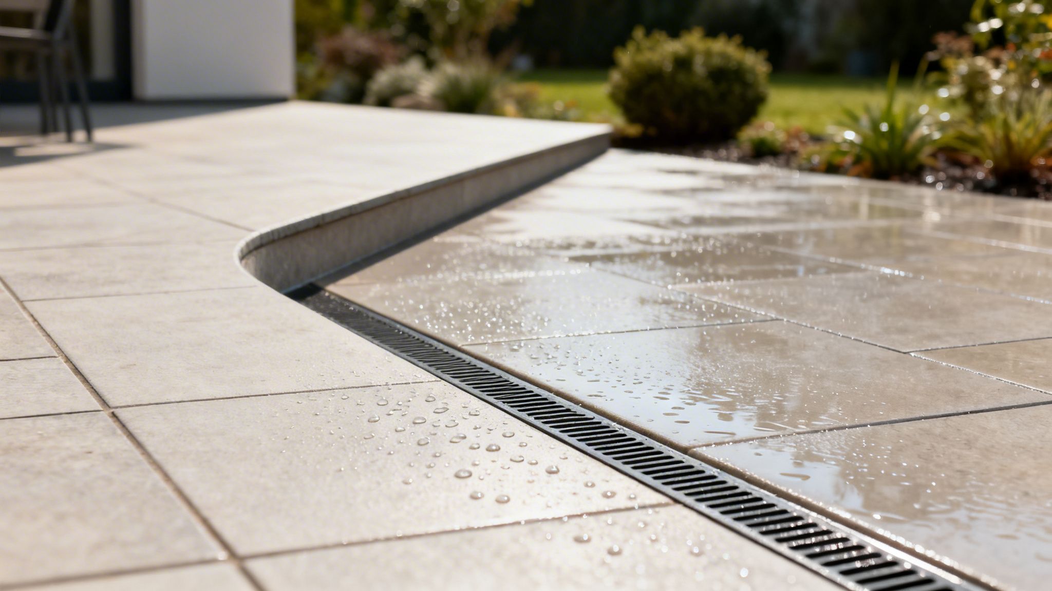 Moderne terrassefliser med vanddråber og et effektivt afvandingssystem i forgrunden.