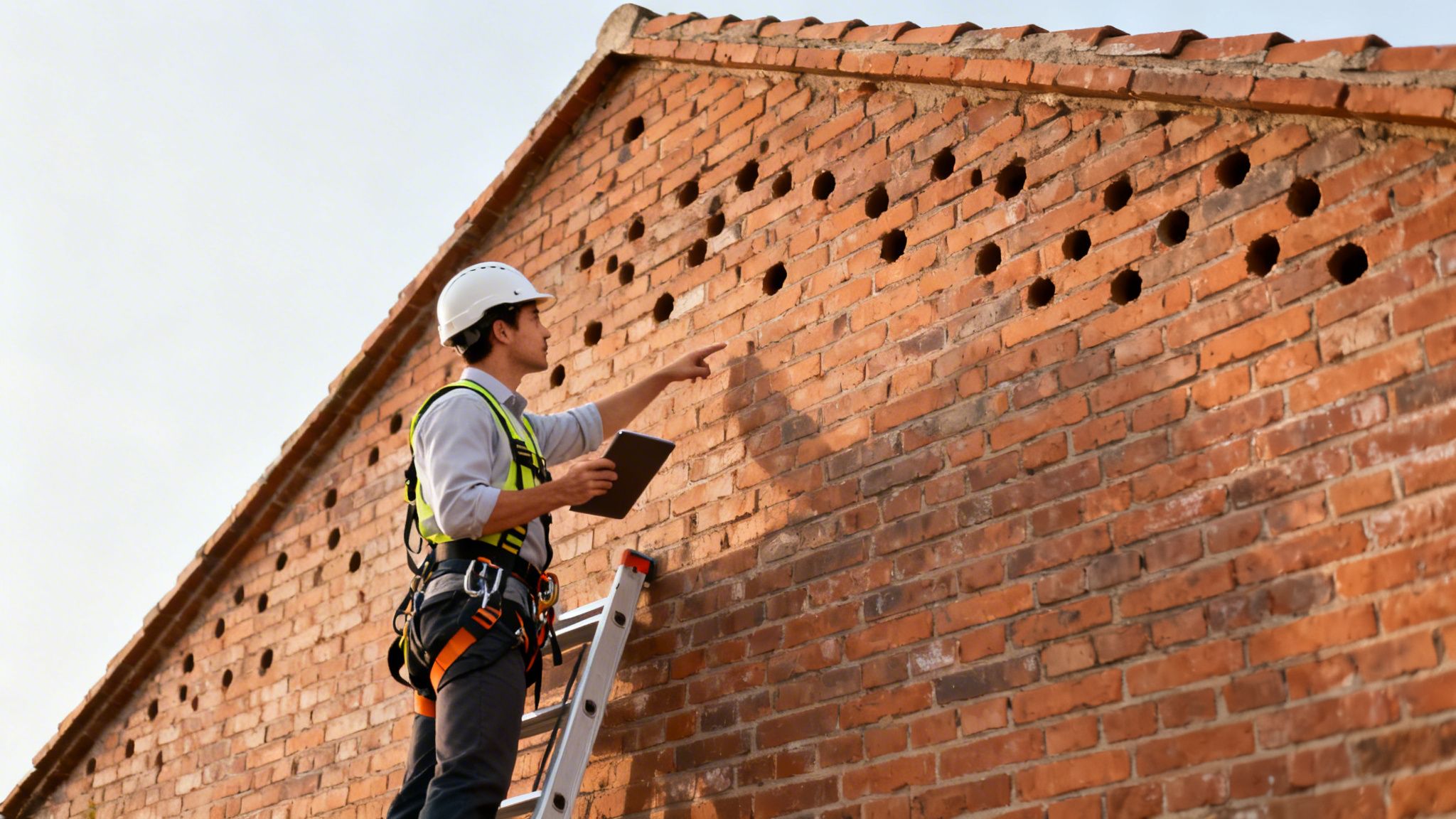 En mand i sikkerhedshjelm og sele på en stige peger på en murstensvæg med huller, mens han holder en tablet.