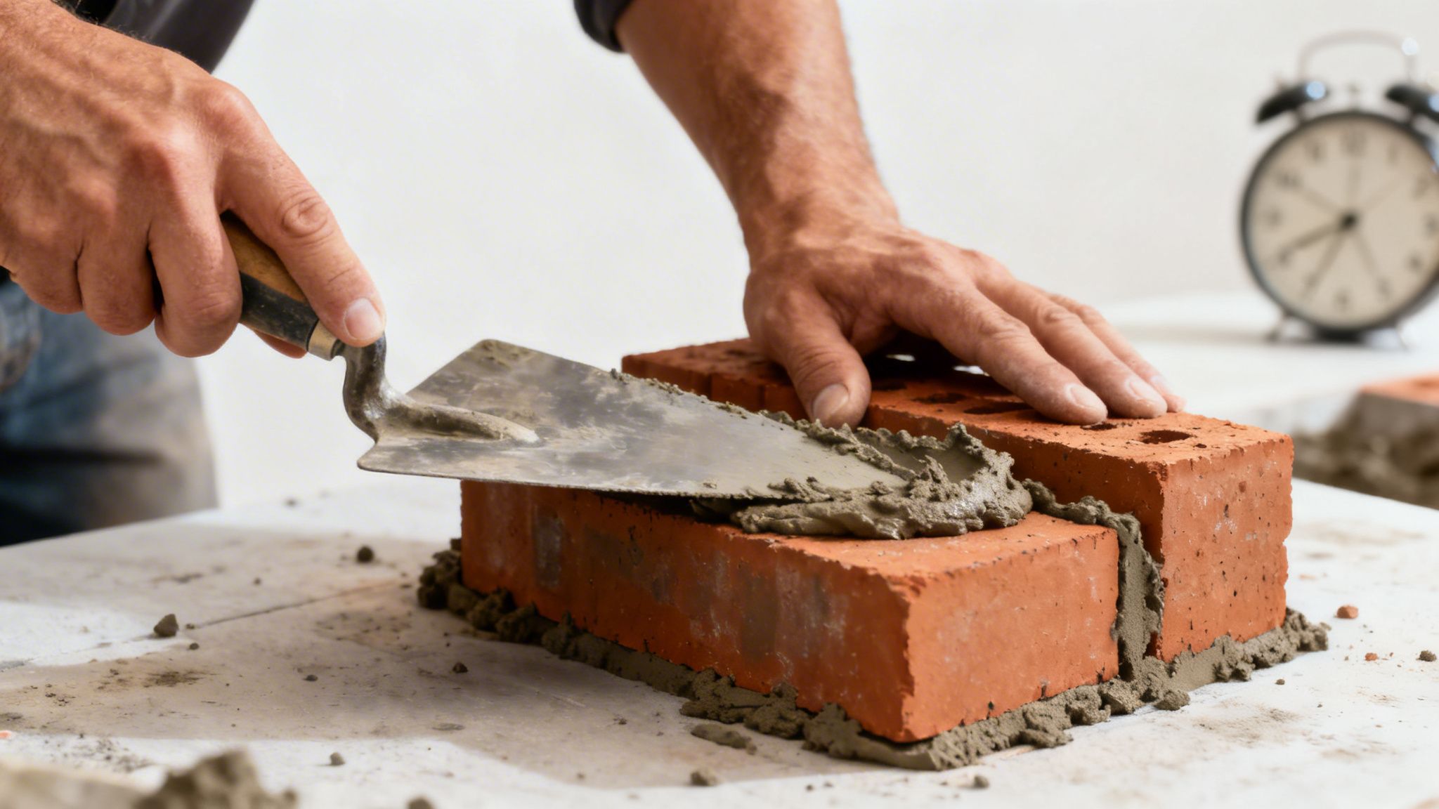 En murerhånd lægger mørtel på mursten med en murerske, med vækkeur i baggrunden.
