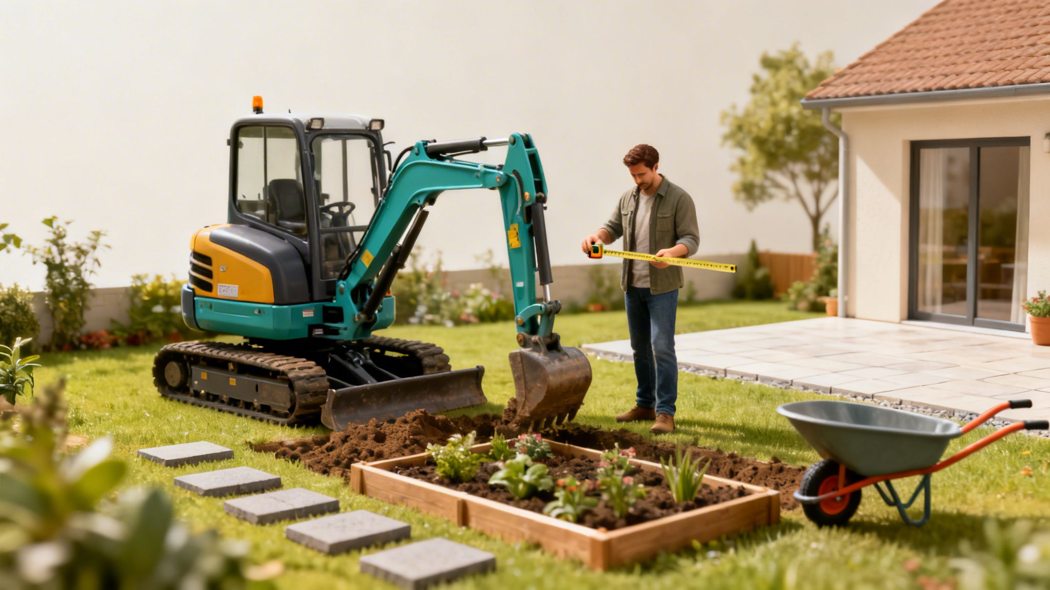 En mand måler op i en have med en minigraver og et højbed under opbygning.
