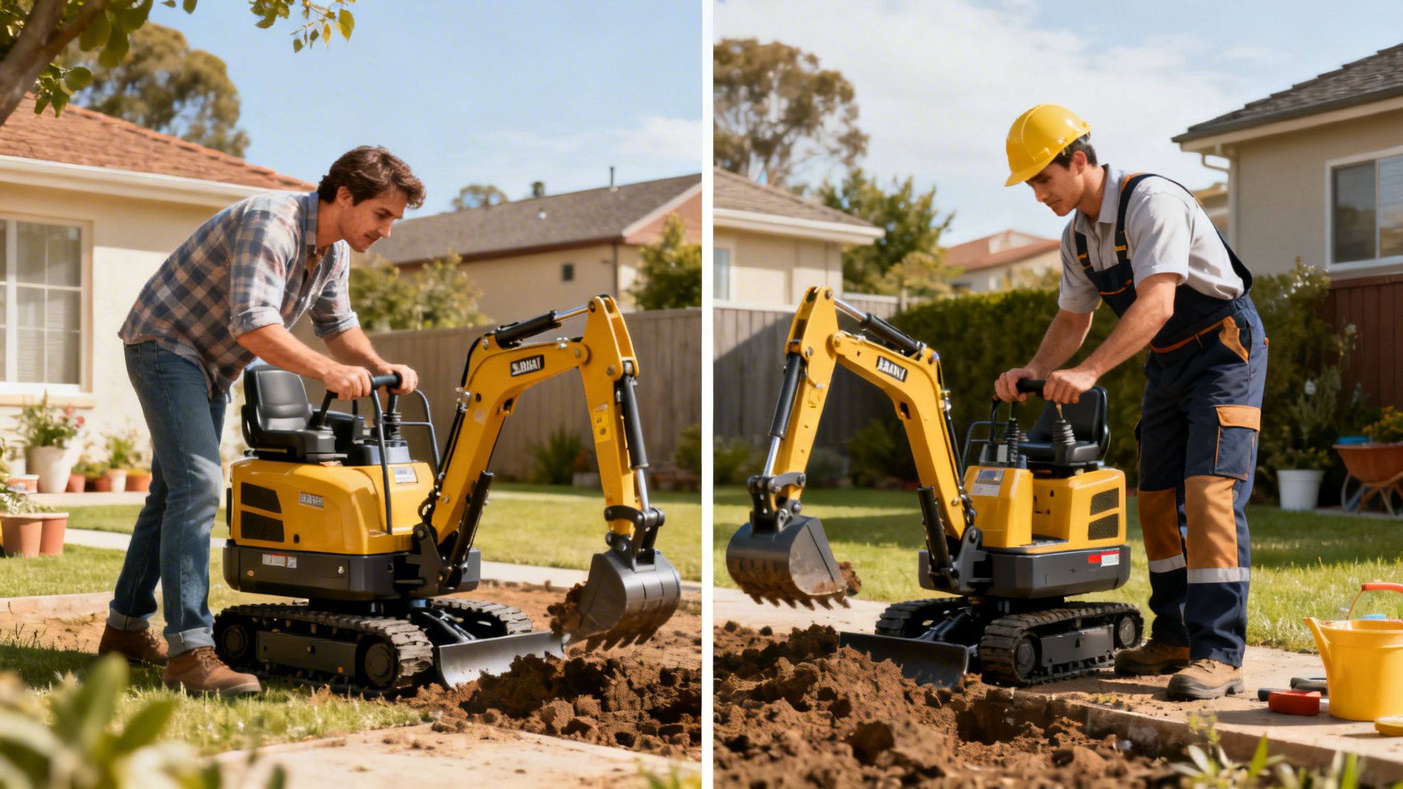 To mænd graver i haver med små, gule minigravere under en blå himmel.