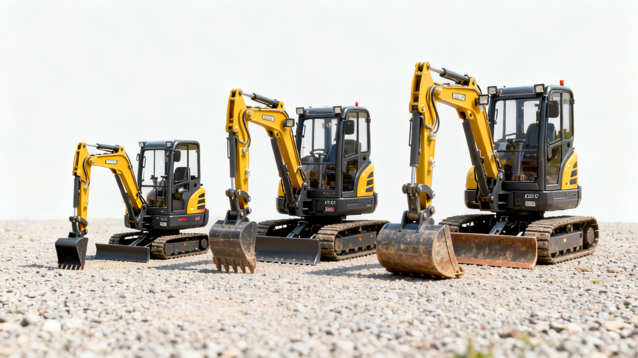 Fire gule og sorte minigravere i forskellige størrelser står opstillet på grus.