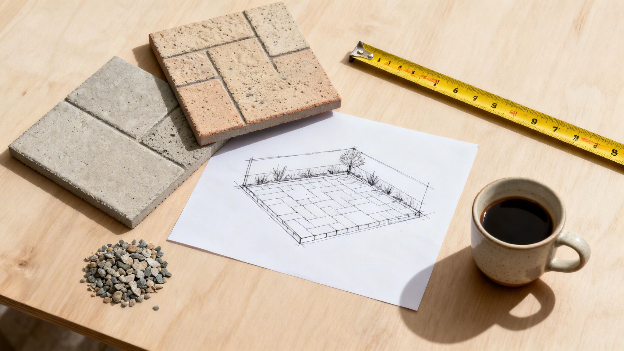 En oversigt over terrasseplanlægning med belægningssten, en skitse, målebånd, grus og en kop kaffe på et træbord.