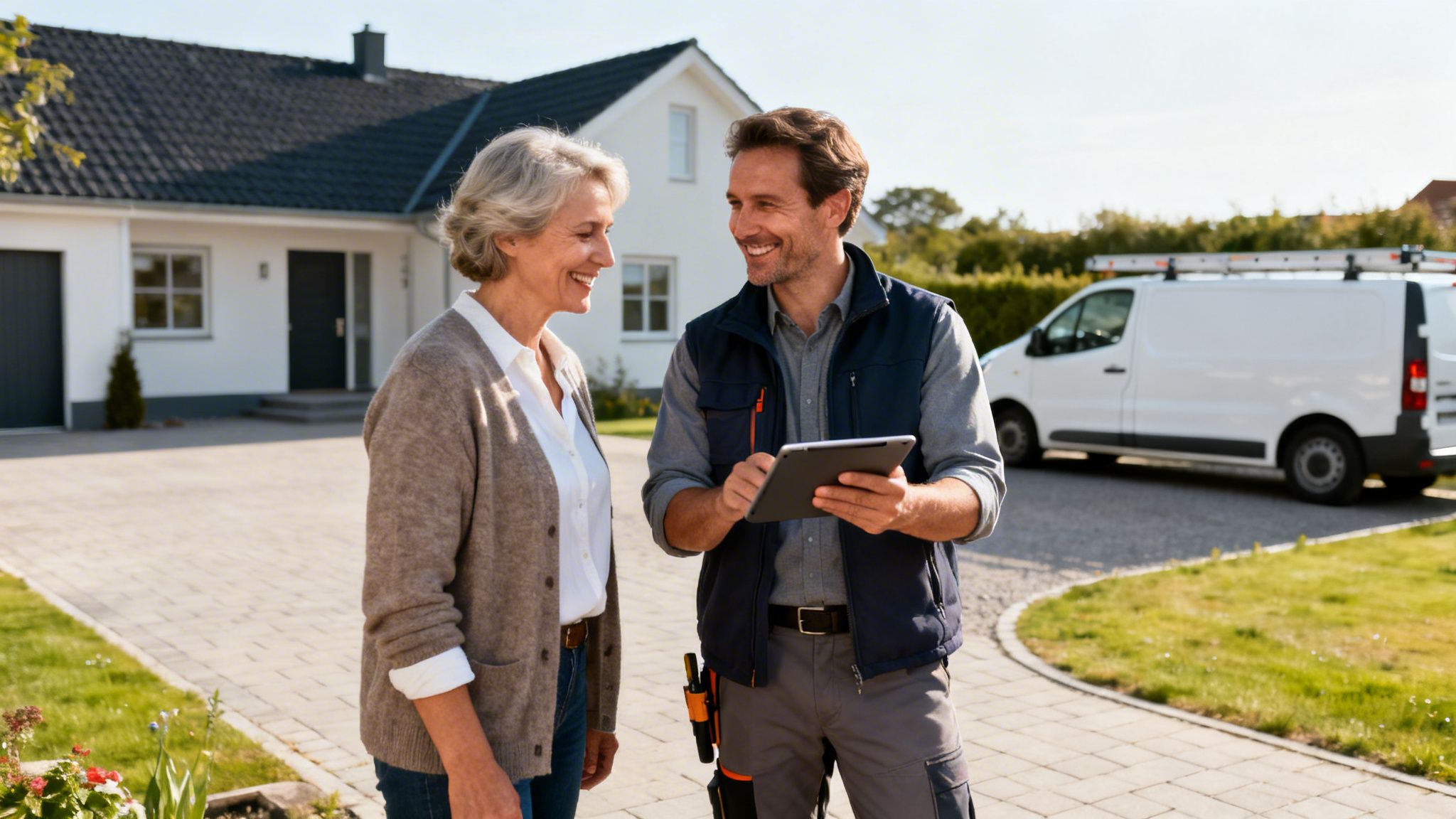 En smilende brolægger taler med en kvindelig kunde foran et hus på en solrig dag.