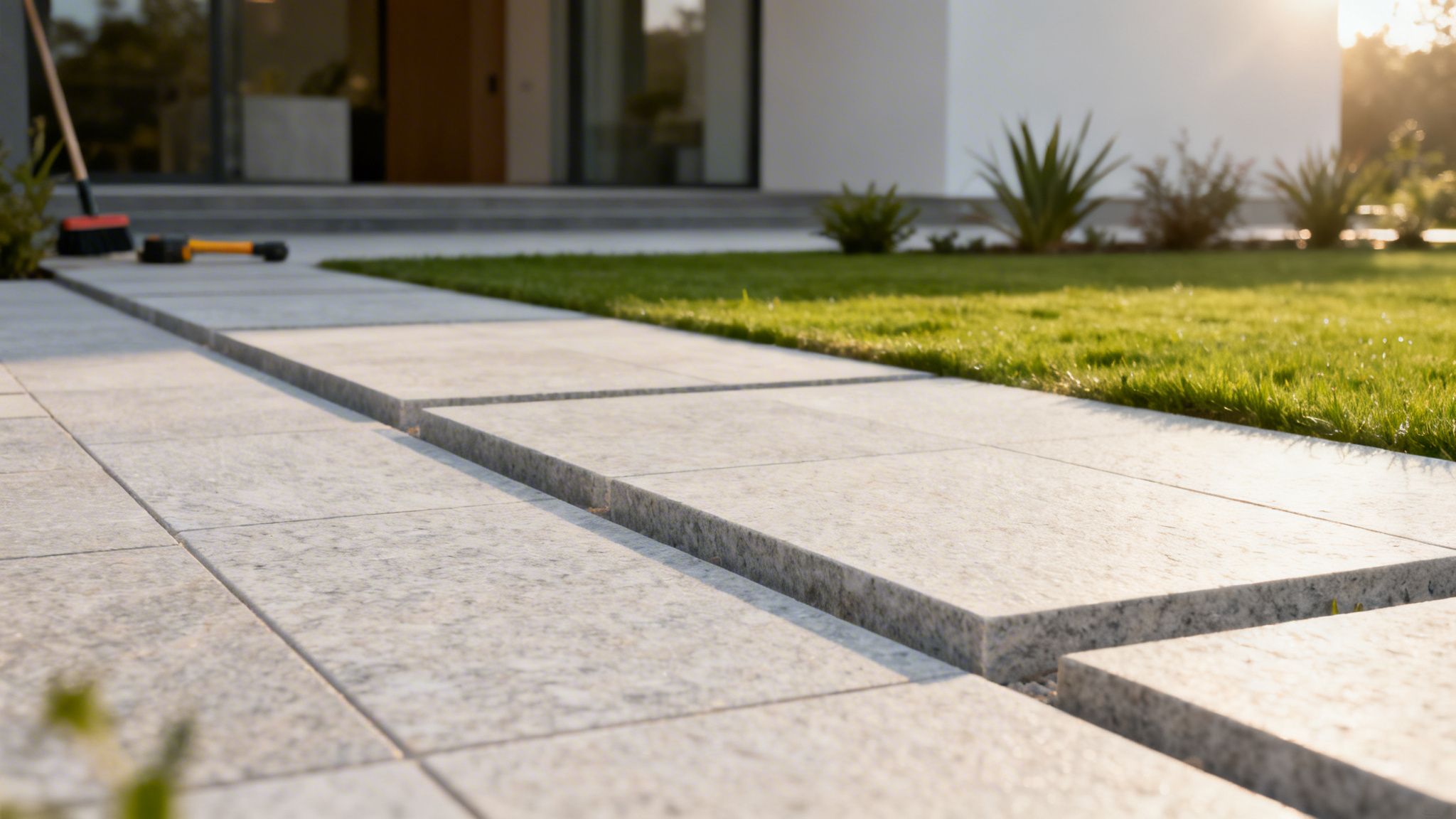 Moderne gangsti med lysegrå fliser og græs, der fører op til et hus. En kost og fejebakke ligger ved indgangen.