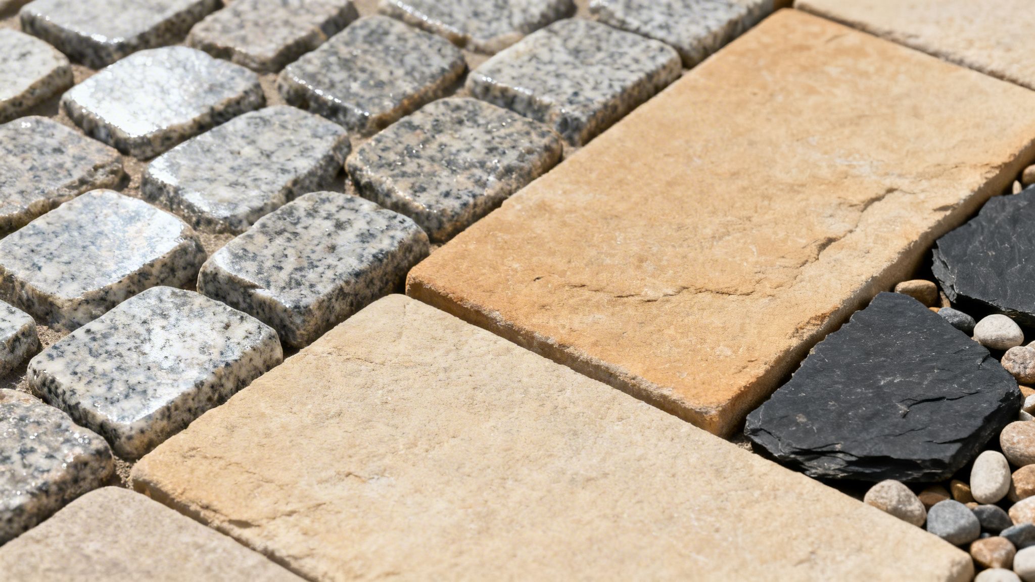 Nærbillede af forskellige belægningsmaterialer, herunder granitsten, sandfarvede fliser og sorte skifersten, arrangeret i et mønster.