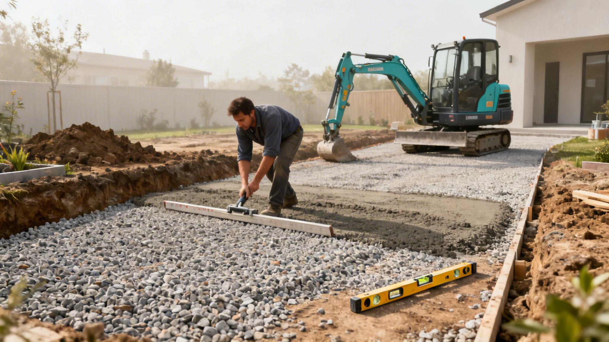 En mand nivellerer grus og sand på en byggeplads med en gravemaskine i baggrunden.