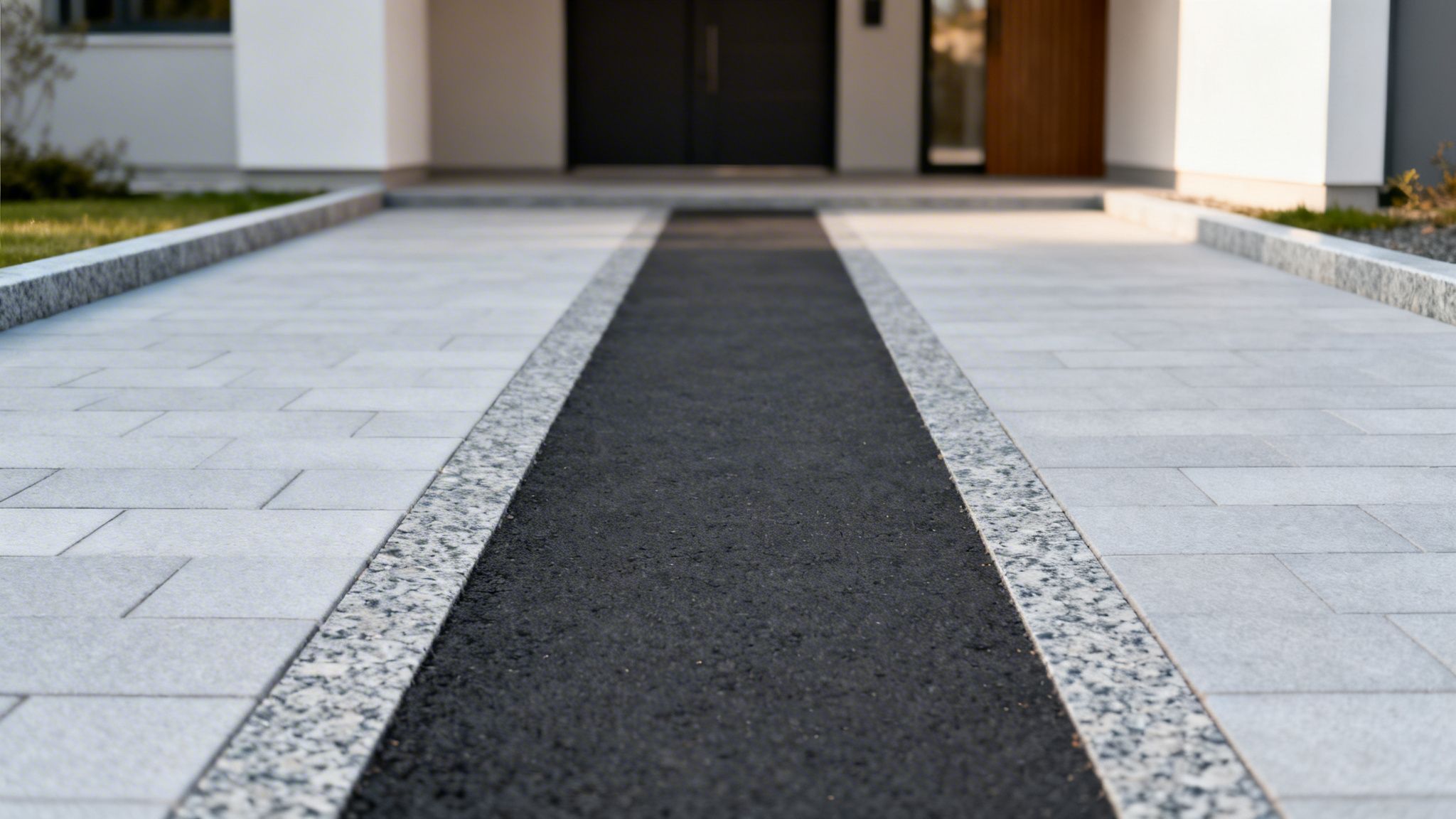 Moderne indkørsel med lyse fliser, sort asfaltsti og granitkanter, der fører op til en husindgang.