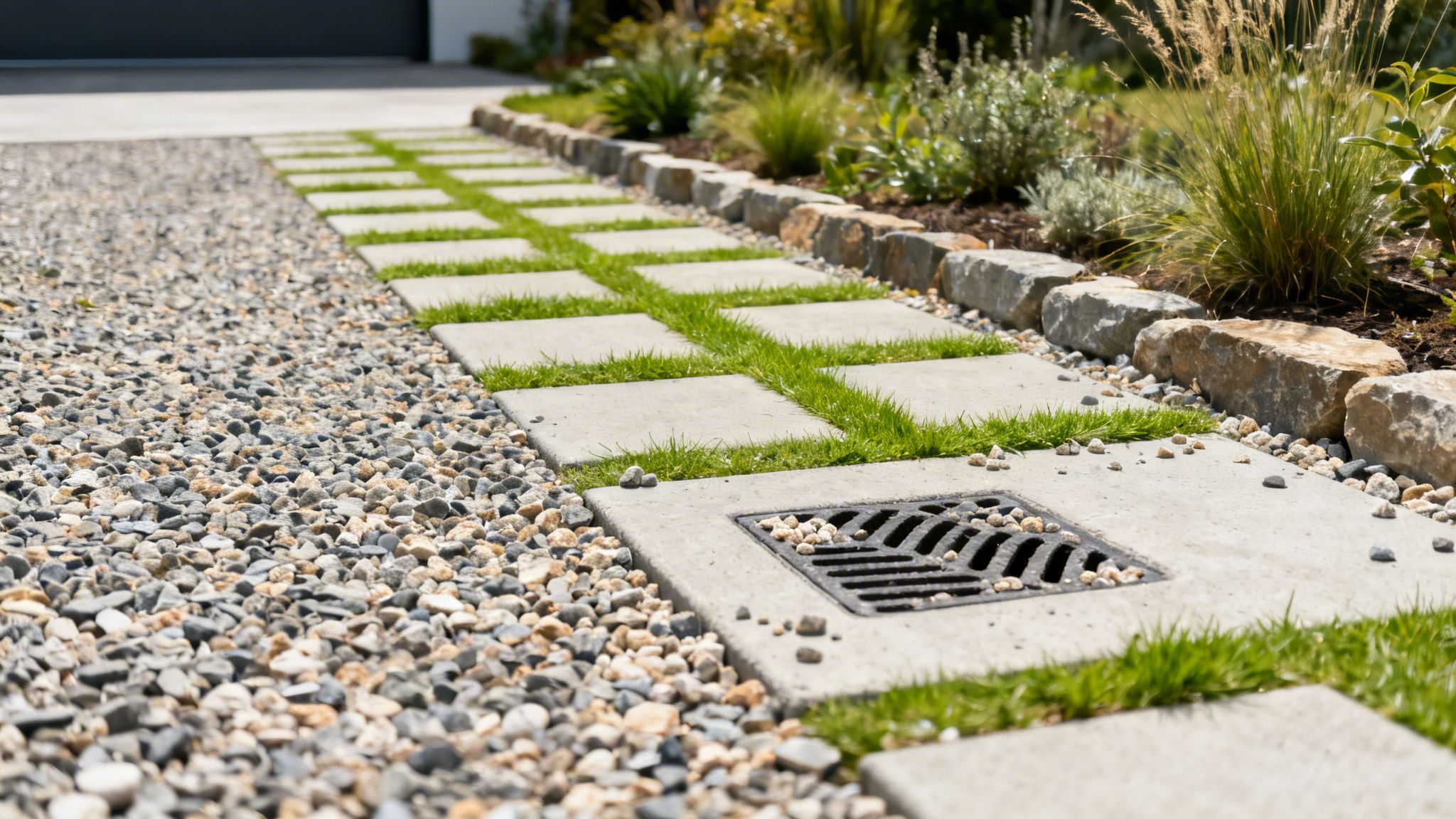 En moderne gangsti med kvadratiske betonfliser og græs, omgivet af grus og en velplejet have med stenbed.
