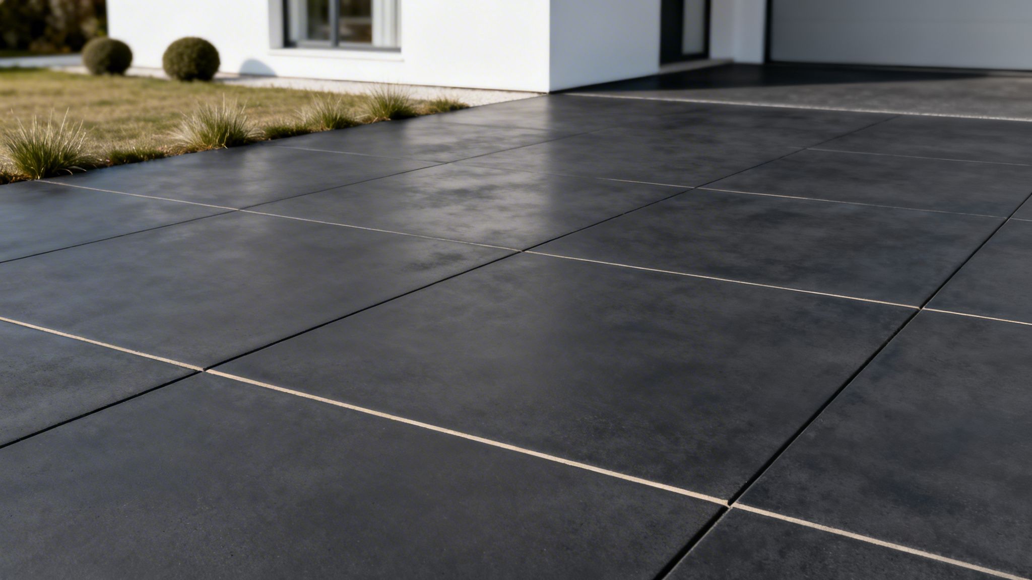 Moderne mørkegrå flisebelægning med lyse fuger foran et hvidt hus og grønt landskab.