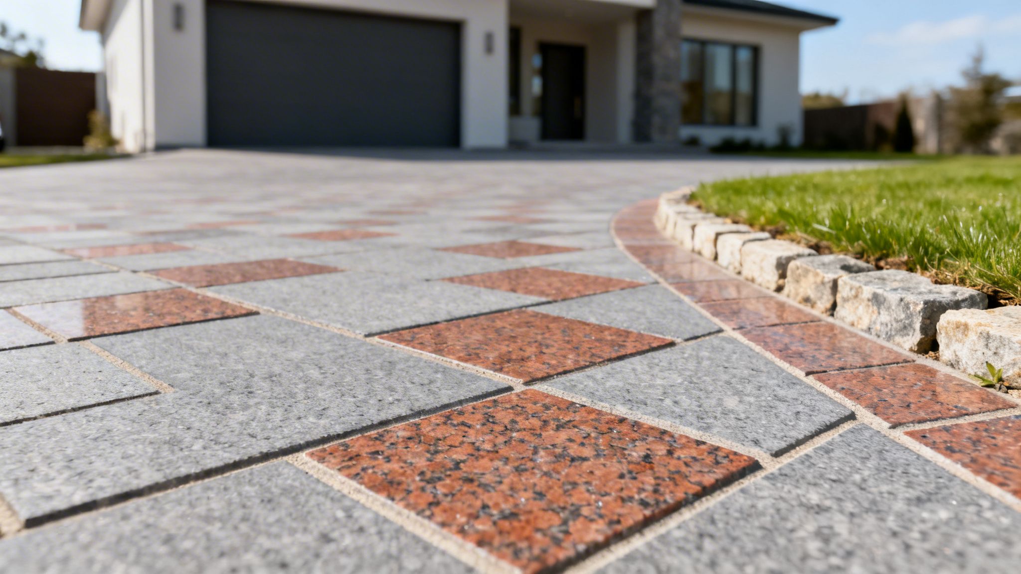 En flot indkørsel med grå og rødbrune belægningssten, der fører op til et moderne hus med garage.