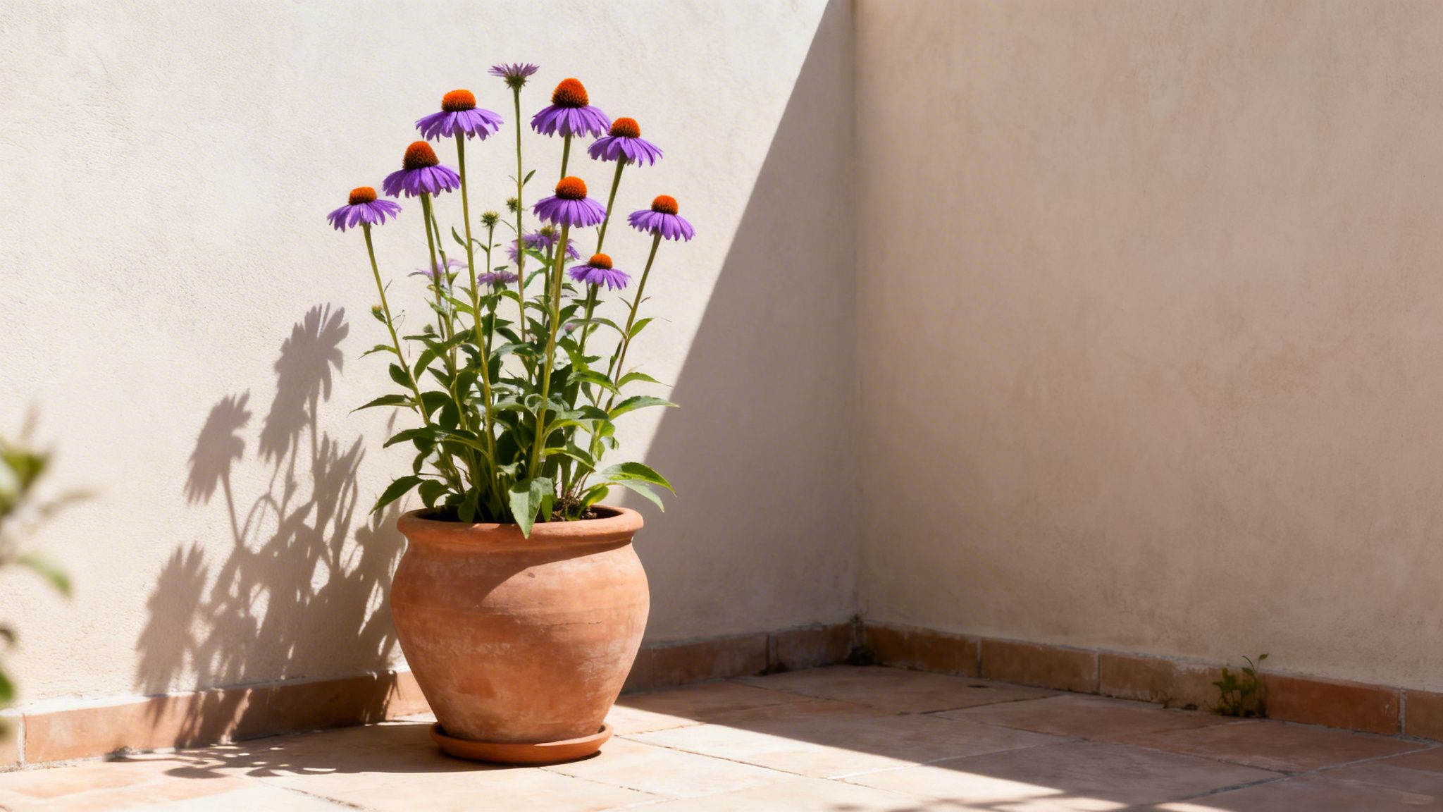 En terracotta krukke med lilla echinacea blomster kaster skygger på en lys væg og fliser på en solrig terrasse.
